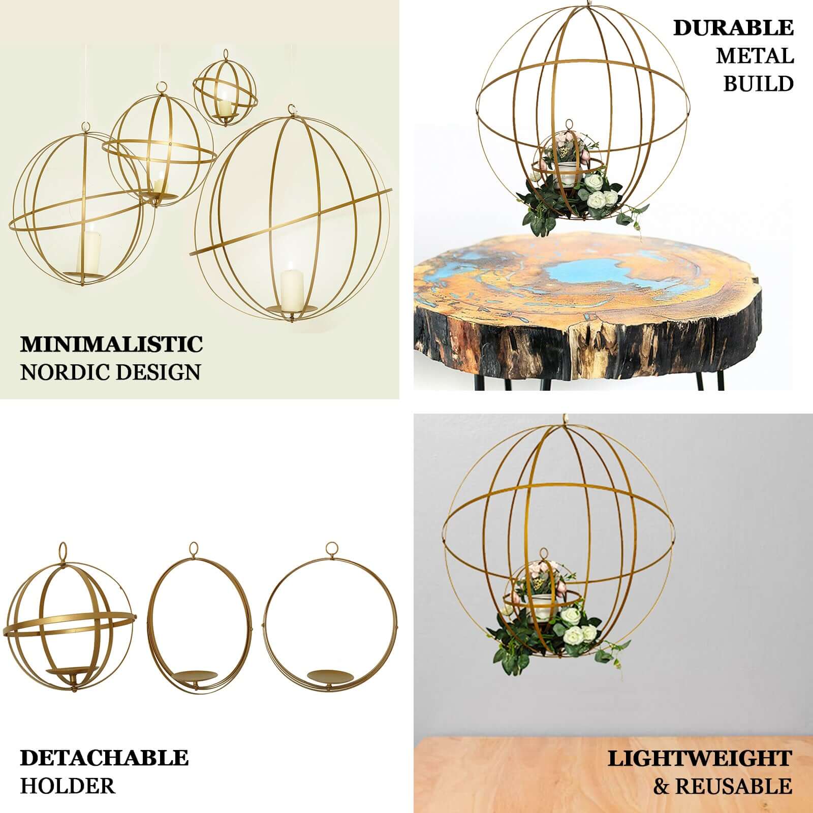 Hanging Sphere Candle Holder Gold Wrought Iron Event Display Accent - Centerpiece 24"