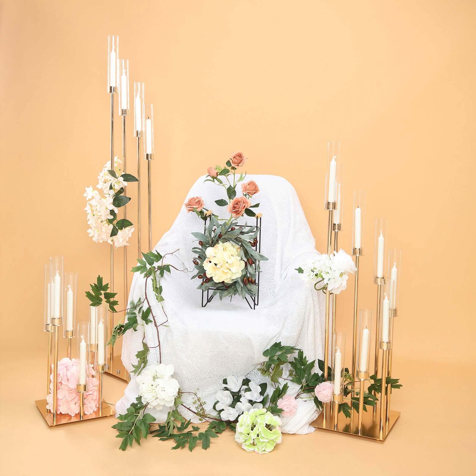 6-Arm Cluster Taper Candle Holder Gold with Clear Glass Shades - Sleek Candle Display for Gatherings 24"