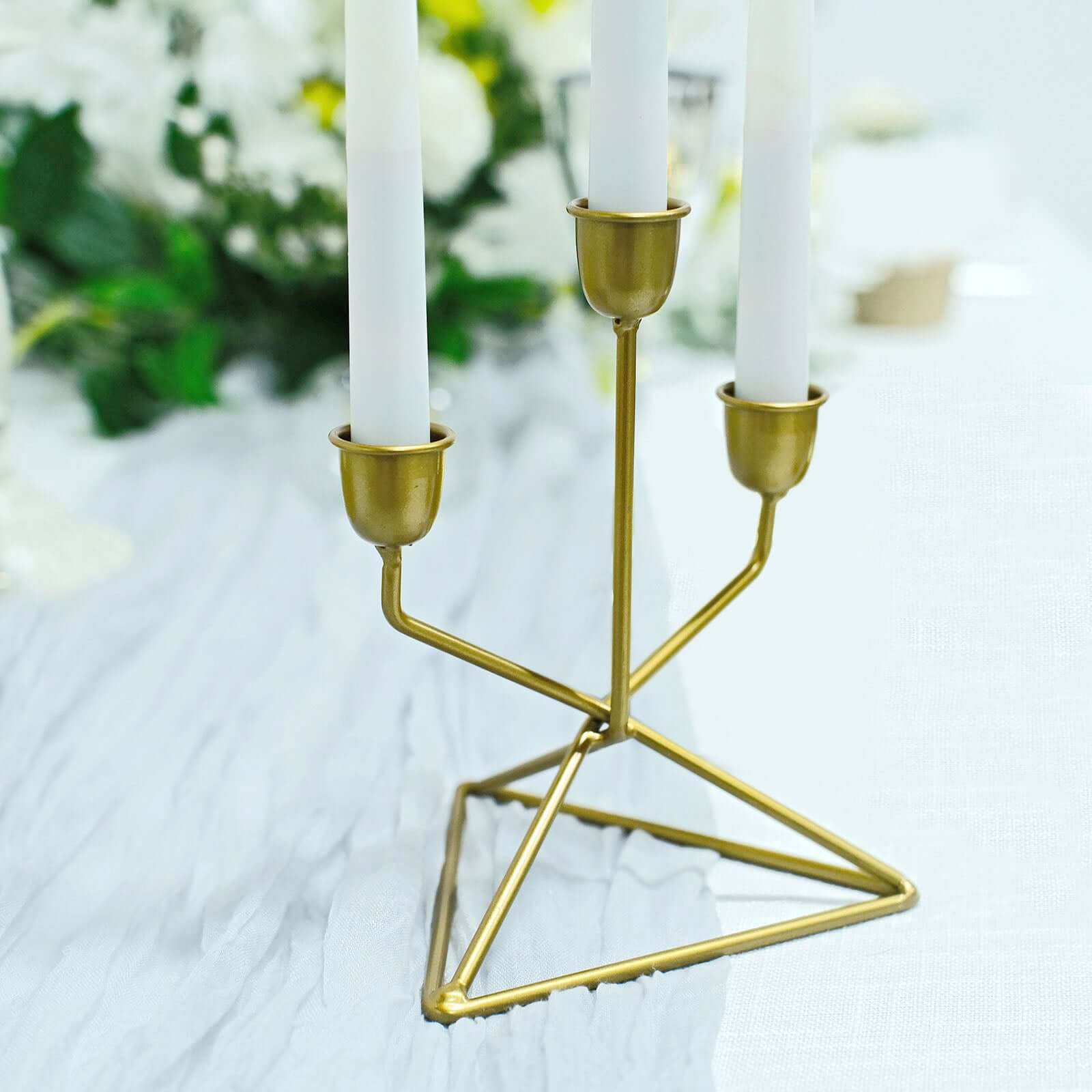 2-Pack Triangle Base Geometric Taper Candelabra 3 Arm Candle Holder Design Gold Metal - Decorative Centerpiece 7"