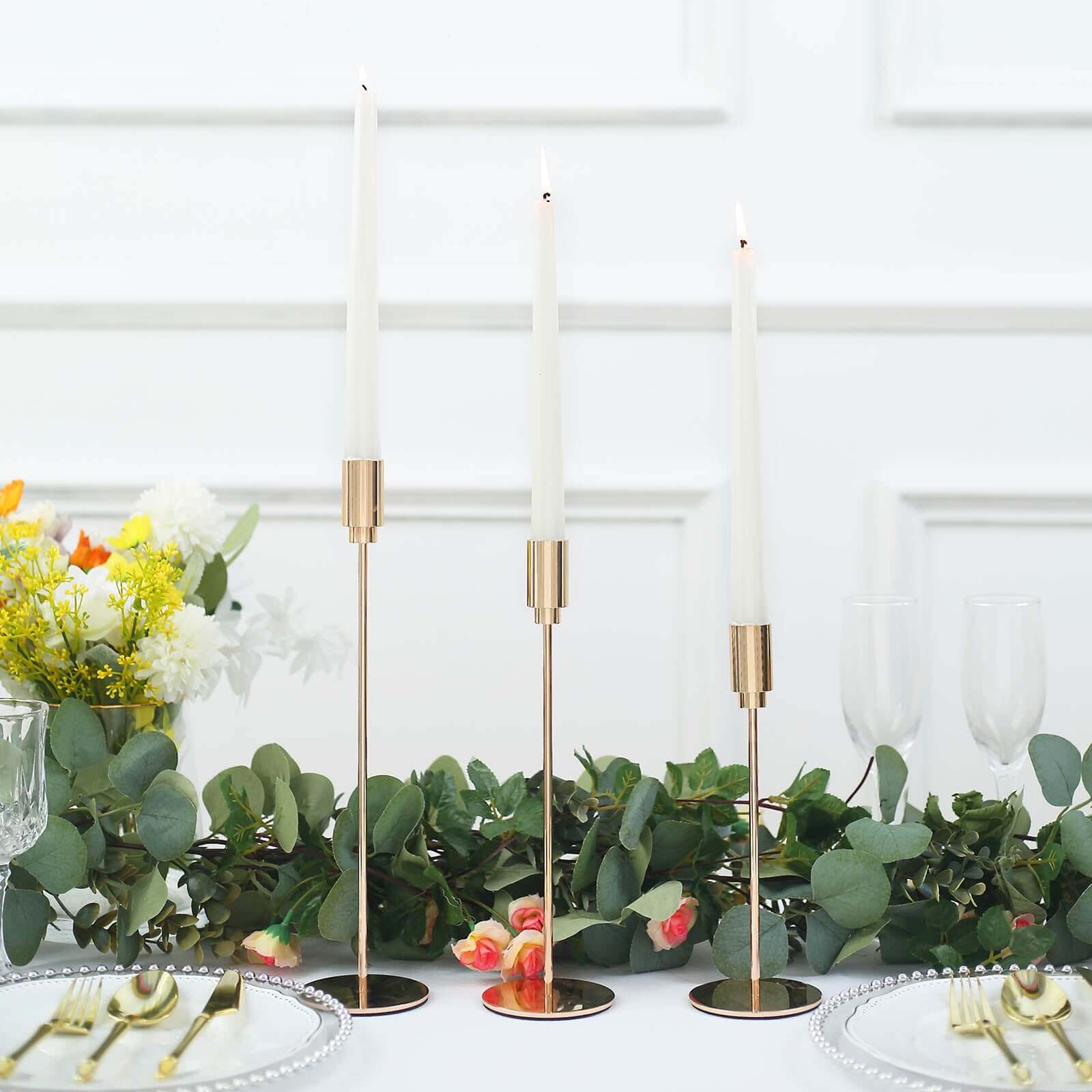 Set of 3 Taper Candle Stands Gold Metal Decorative Round Base Design - Wedding Table Accents 9", 10", 13"