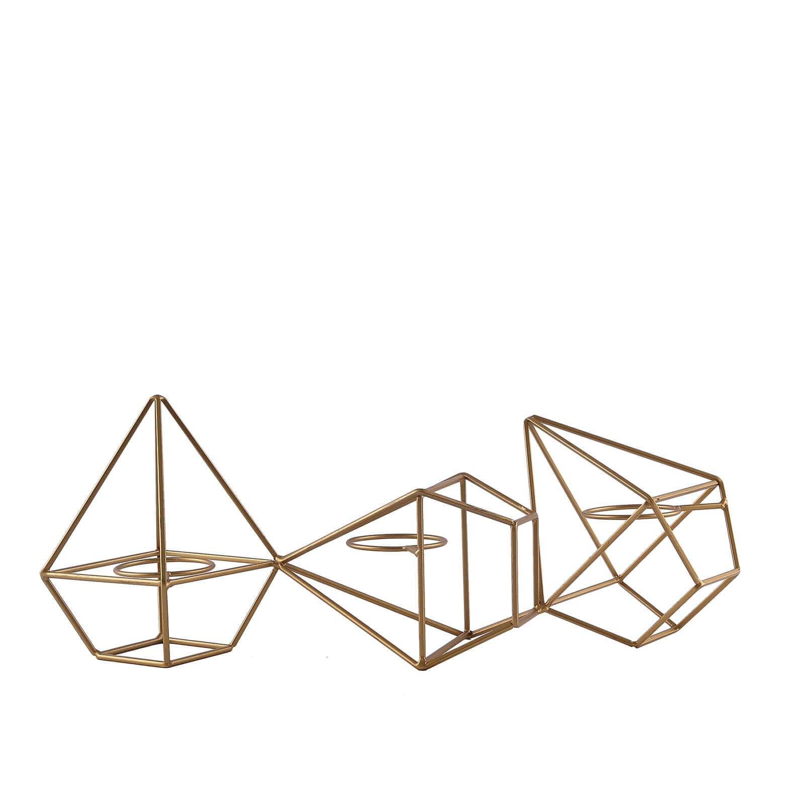 Set of Metal Candle Holders Linked Geometric Design Gold - Modern Votive Glass Decor for Tables & Gatherings 16"