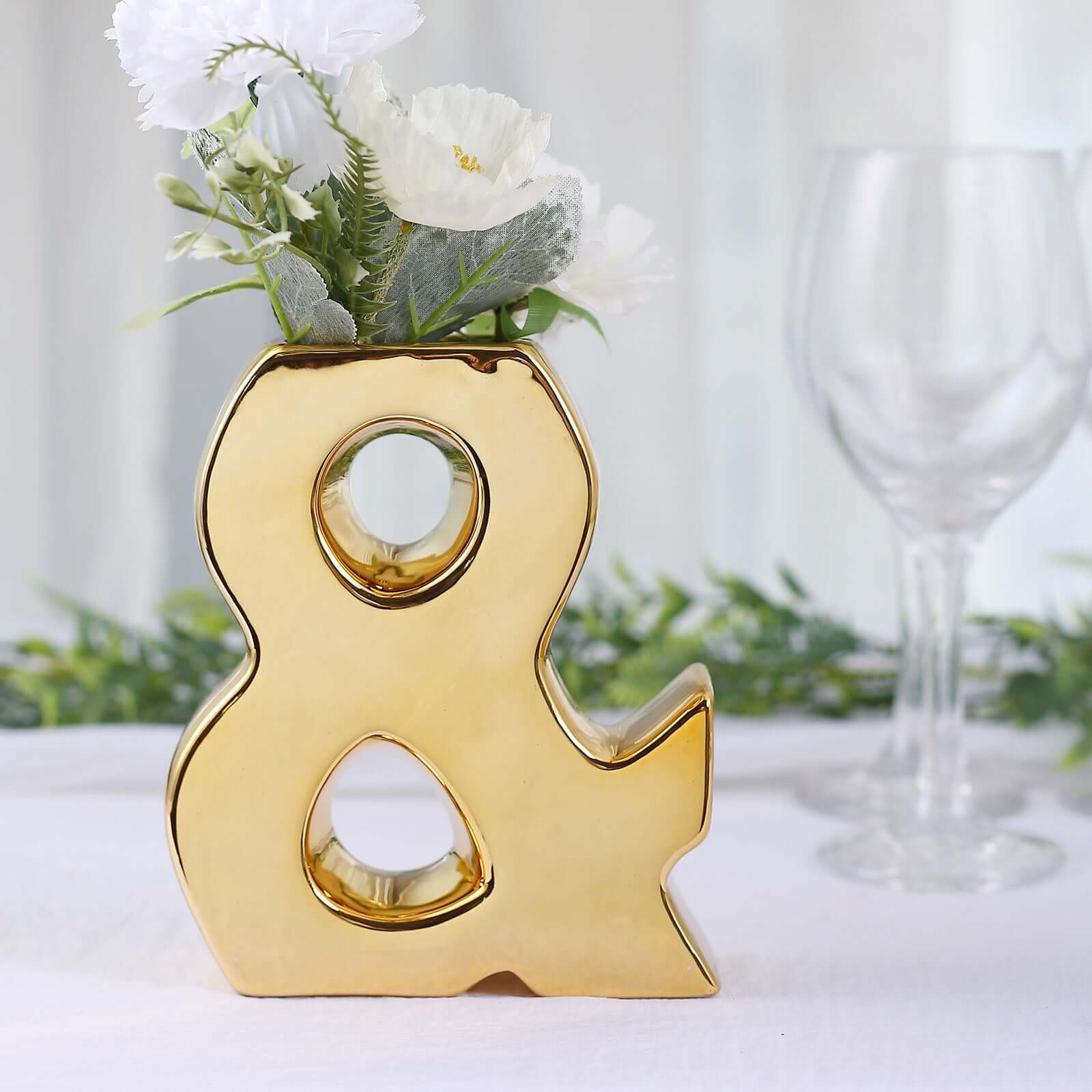 Shiny Ceramic Vase Symbol "&" Gold Plated - Chic Bud Planter Pot for Events & Decor 6"