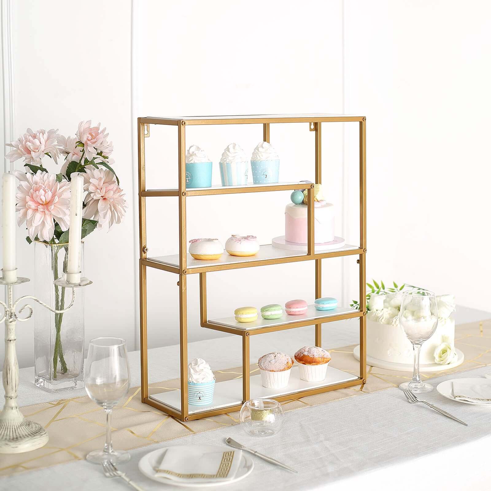 4-Tier Dessert Cupcake Stand Metal Gold with White Wood Panels - Wall Shelf & Book Display Rack 22"
