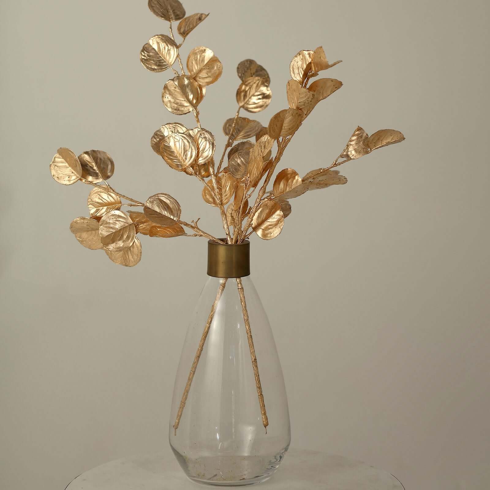 2-Pack Artificial Round Eucalyptus Leaf Branches Metallic Gold - Lifelike Faux Stems for Modern Centerpieces & Floral Arrangements 27"