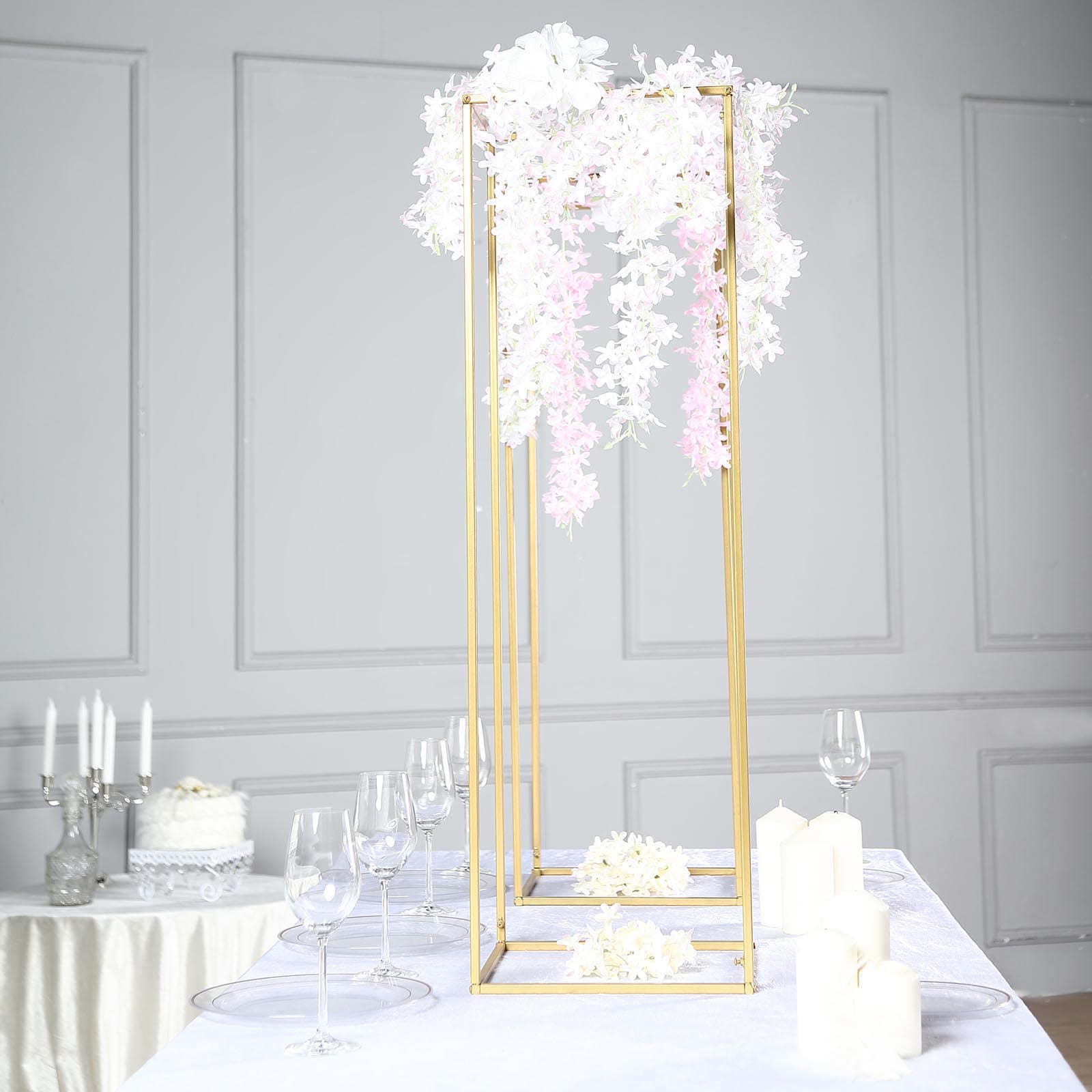 2-Pack Wedding Flower Stand Gold Metal Geometric Column Frame Rectangular - Versatile Floral Pedestal for Sophisticated Arrangements 40"