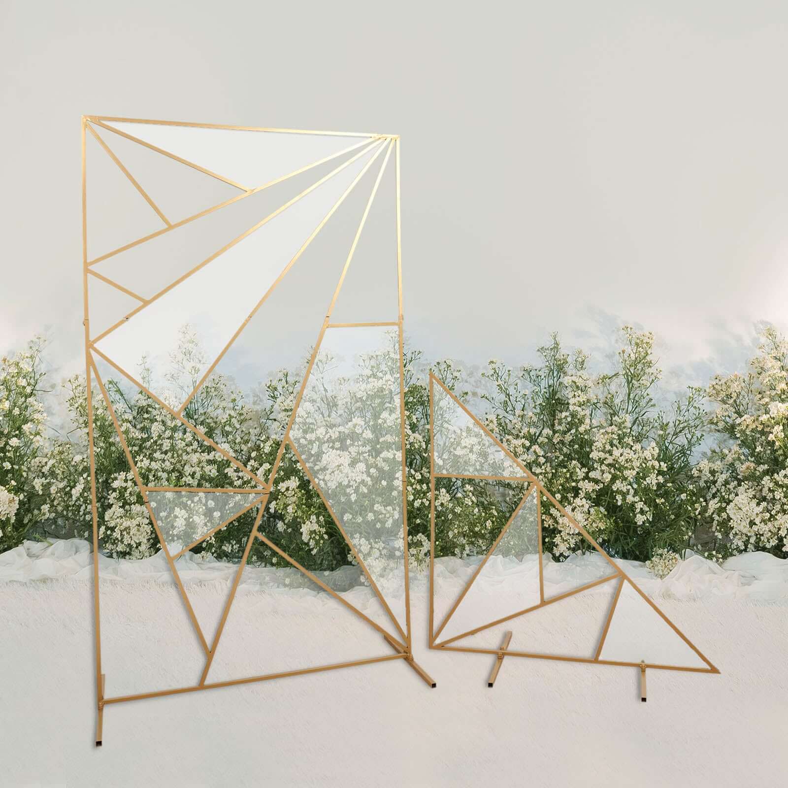 3ft Tall Gold Metal Triangular Geometric Flower Frame Prop Stand, Wedding Backdrop Floor Stand With Cloudy Film Insert