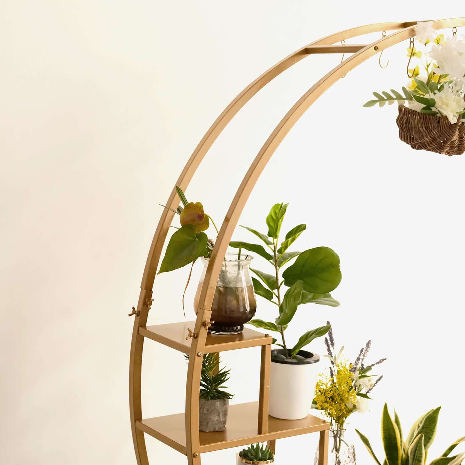 4.5ft Gold Metal 4-Tier Half Moon Cupcake Dessert Display Stand, Hanging Plant Rack With Shelves