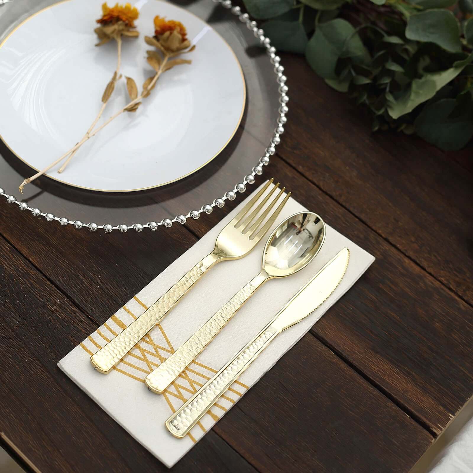 24-Pack Plastic Silverware Set with Hammered Design Gold - Heavy Duty Disposable Utensils 7"
