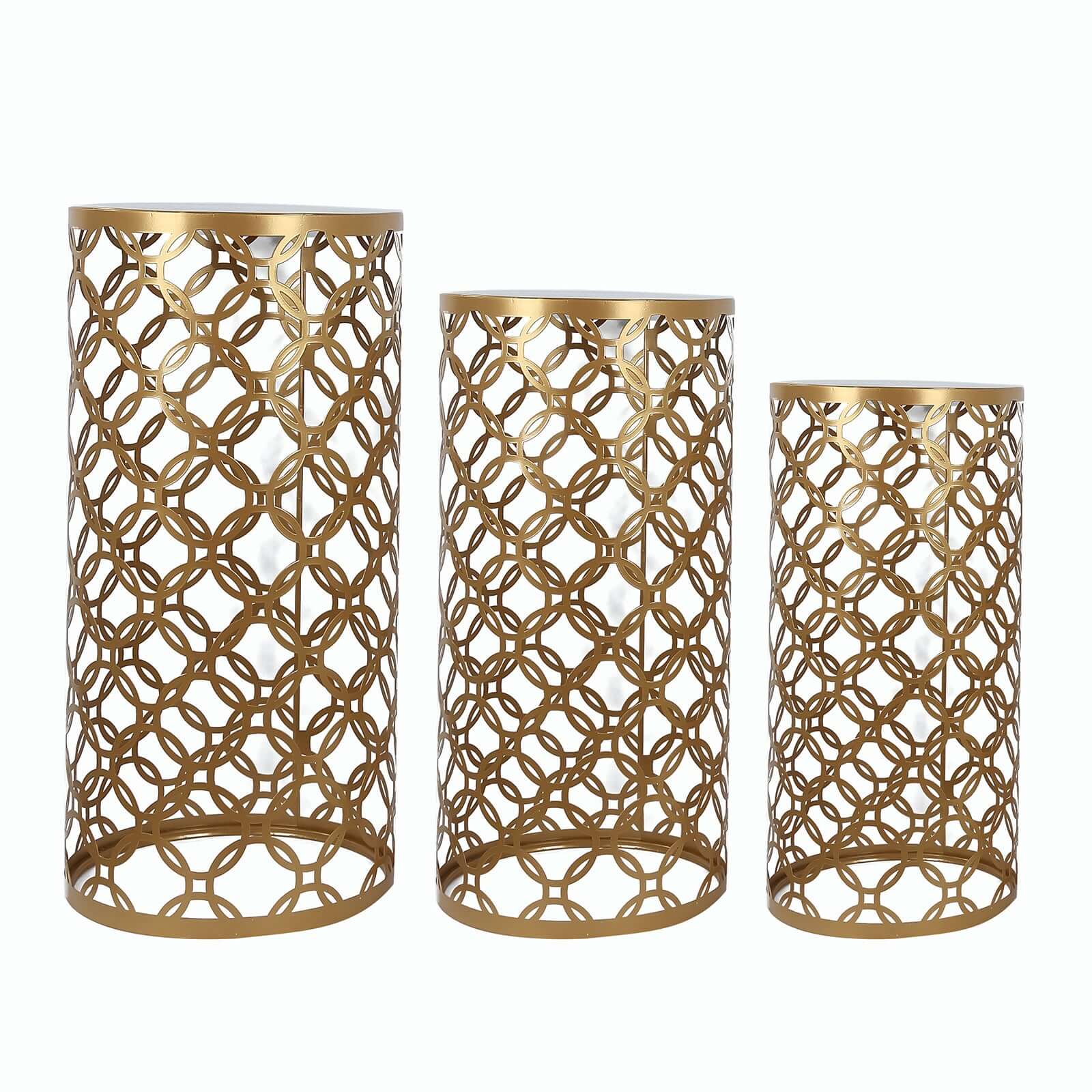 Set of 3 Gold Metal Cylinder Pillar Cake Display Stands, Round Mesh Plinth Pedestal Stand in Hollow Overlapping Circles Pattern - 22",24",30"
