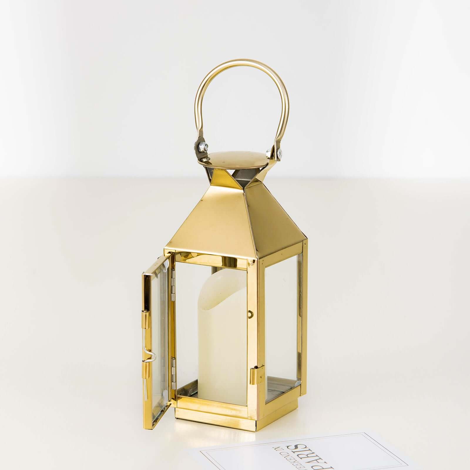 Stainless Steel Candle Lantern Crown Top Design Gold - Outdoor Metal Patio Lantern Centerpiece 8"