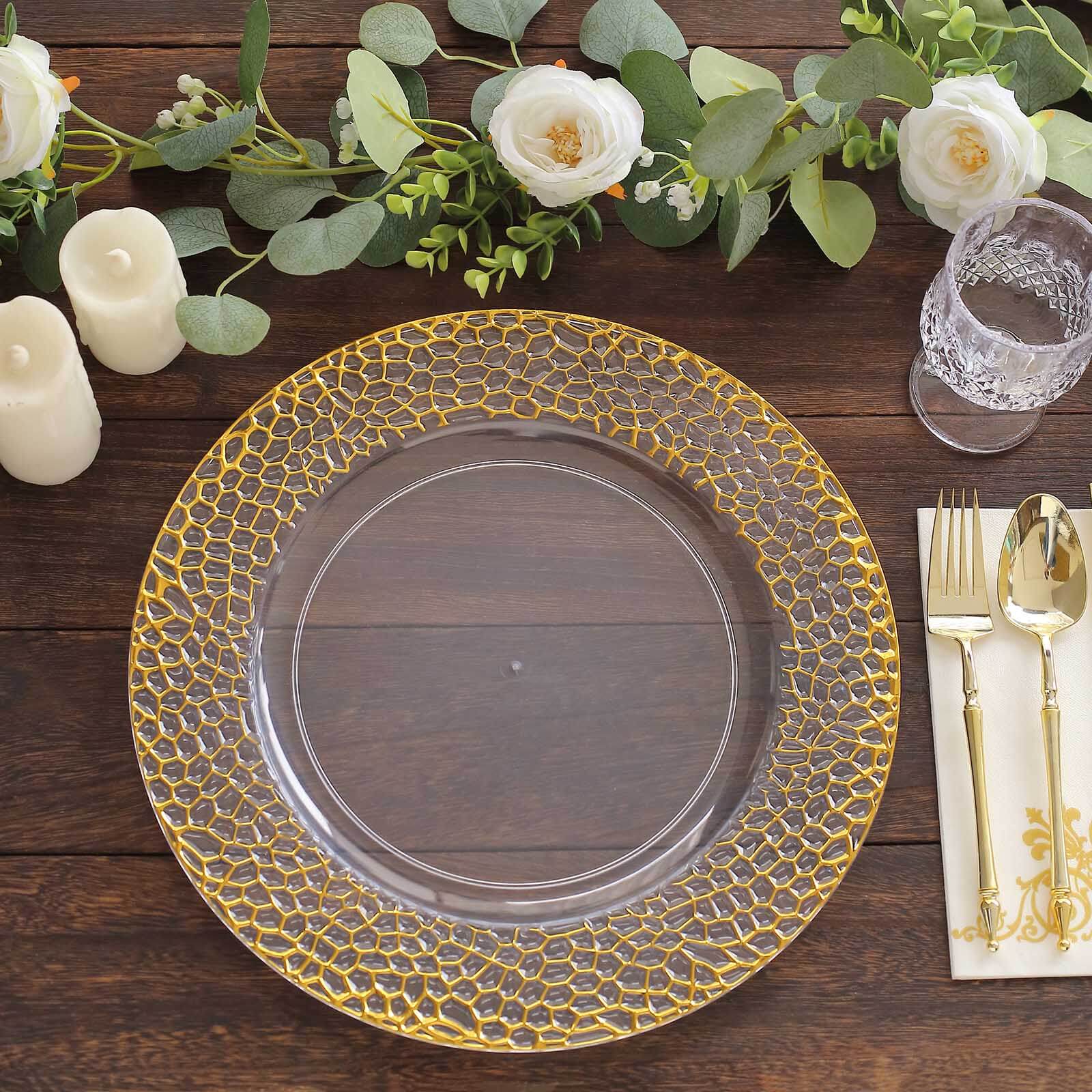 6-Pack Acrylic Round Charger Plates 13" in Clear with Gold Hammered Rim, Decorative Plastic Charger Tableware