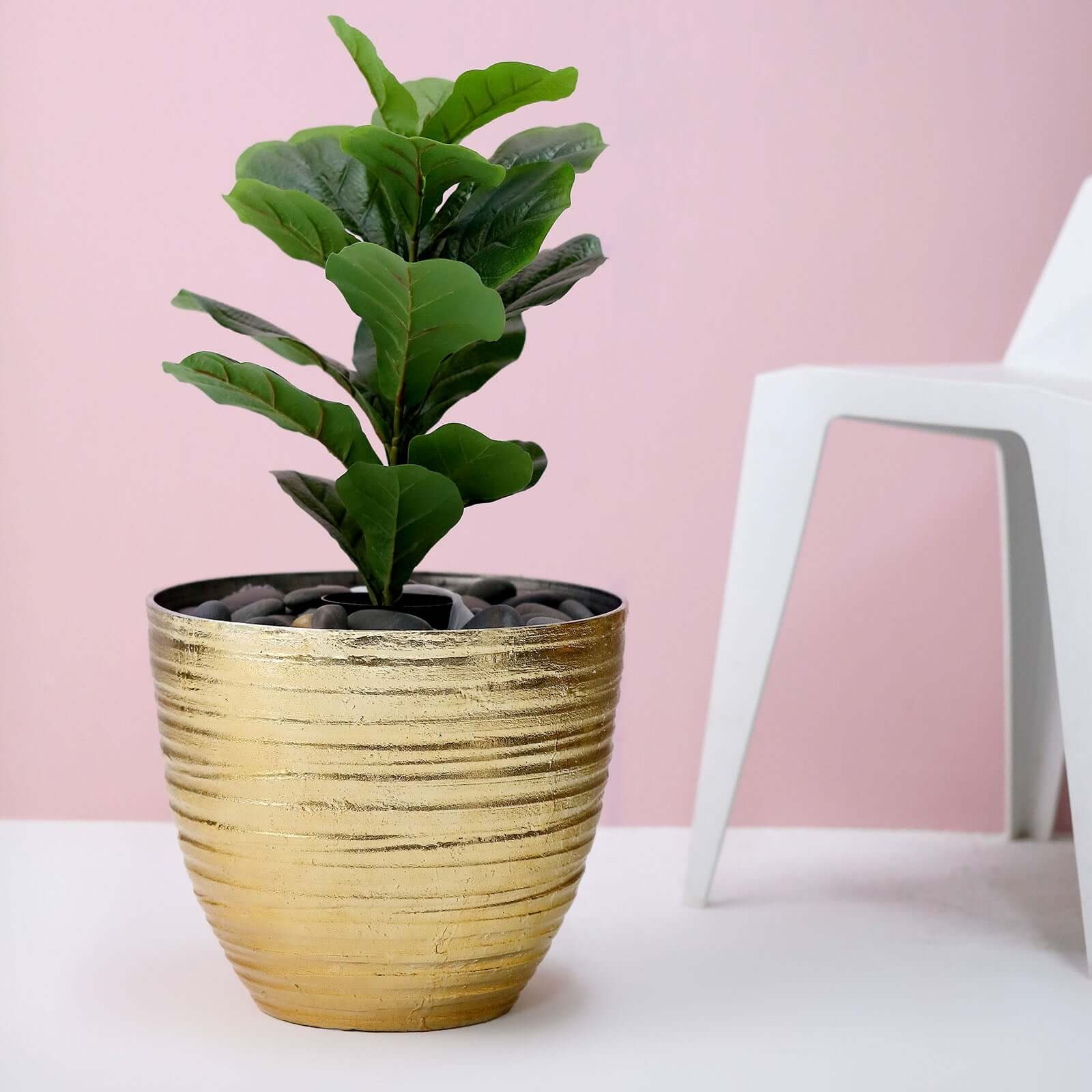 12" Metallic Gold Textured Finish Large Indoor Flower Plant Pot, Decorative Indoor Outdoor Planter
