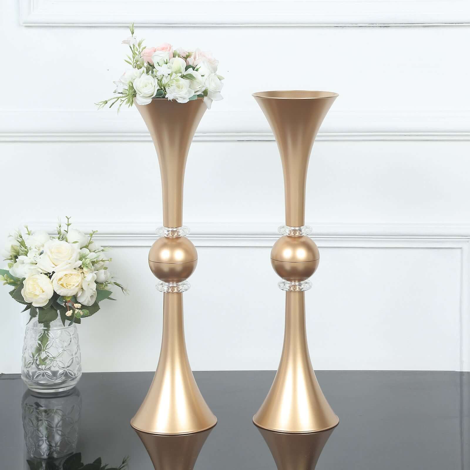 2-Pack Flower Vases Trumpet Design with Crystal Embellishments Gold - Reversible Plastic Table Centerpieces 21"