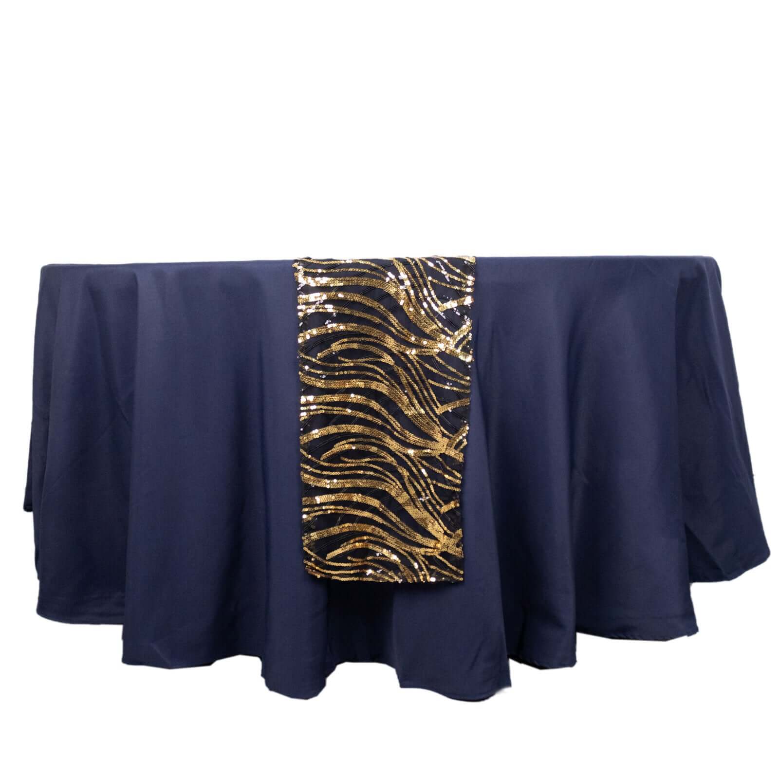 Sequin Mesh 12"x108" Table Runner Black Gold Stylish Wave Embroidery