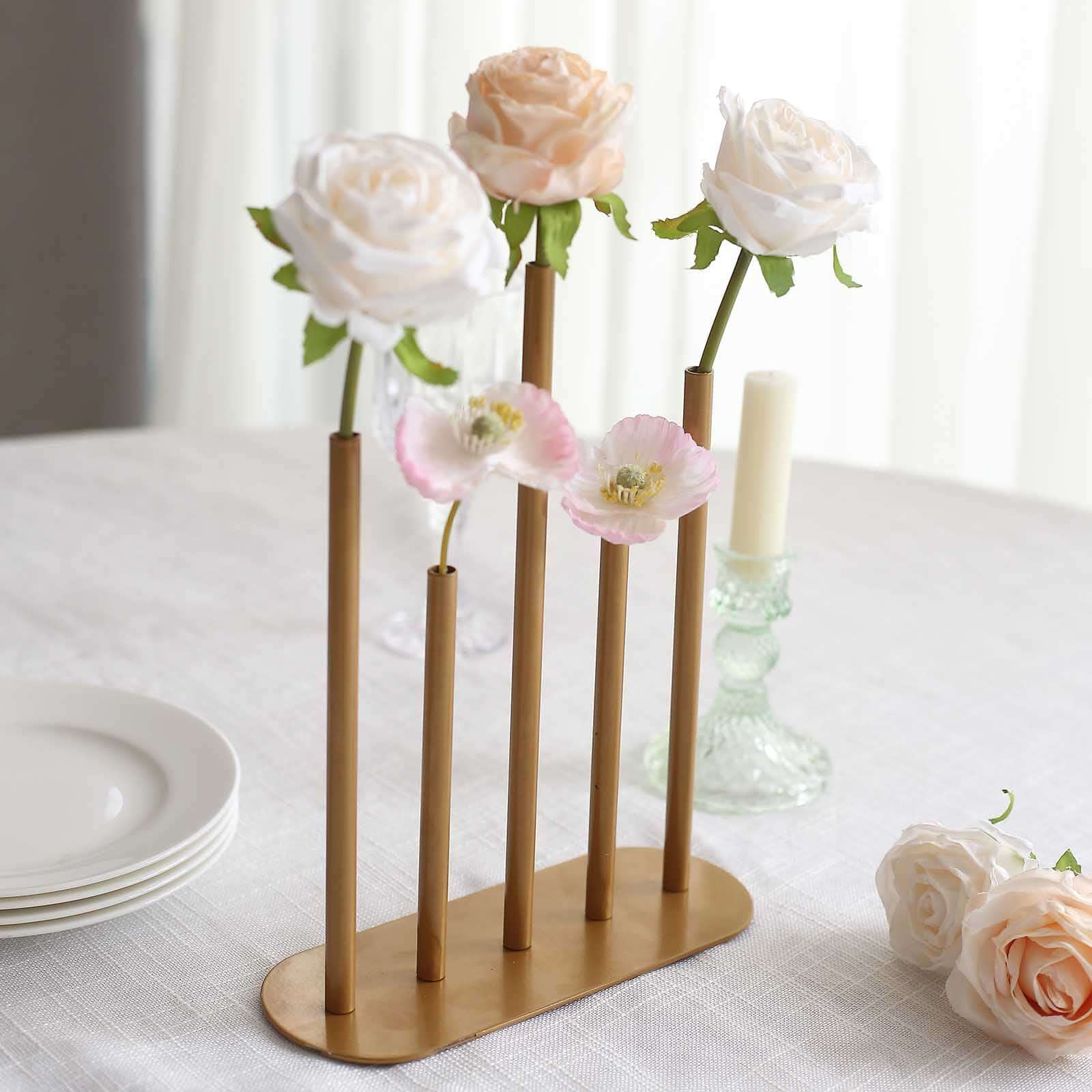 Bud Vase Gold Metal Minimalist Design with 5-Tubes - Single Stem Flower Centerpiece 10"