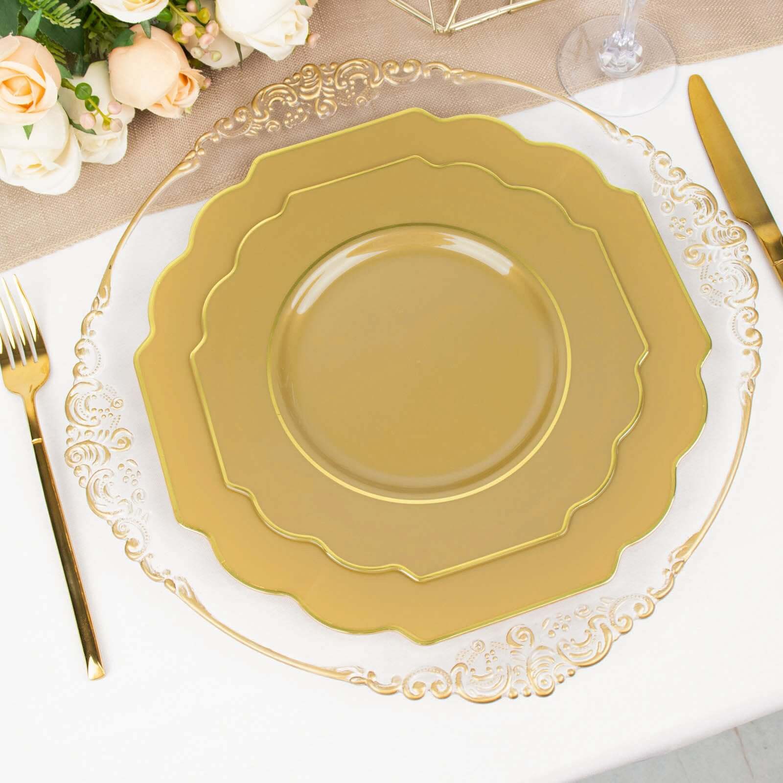 10-Pack Plastic Dinner Plates in Gold Baroque Design with Scalloped Gold Rim - Heavy Duty Disposable Party Plates for Events & Banquets 11"