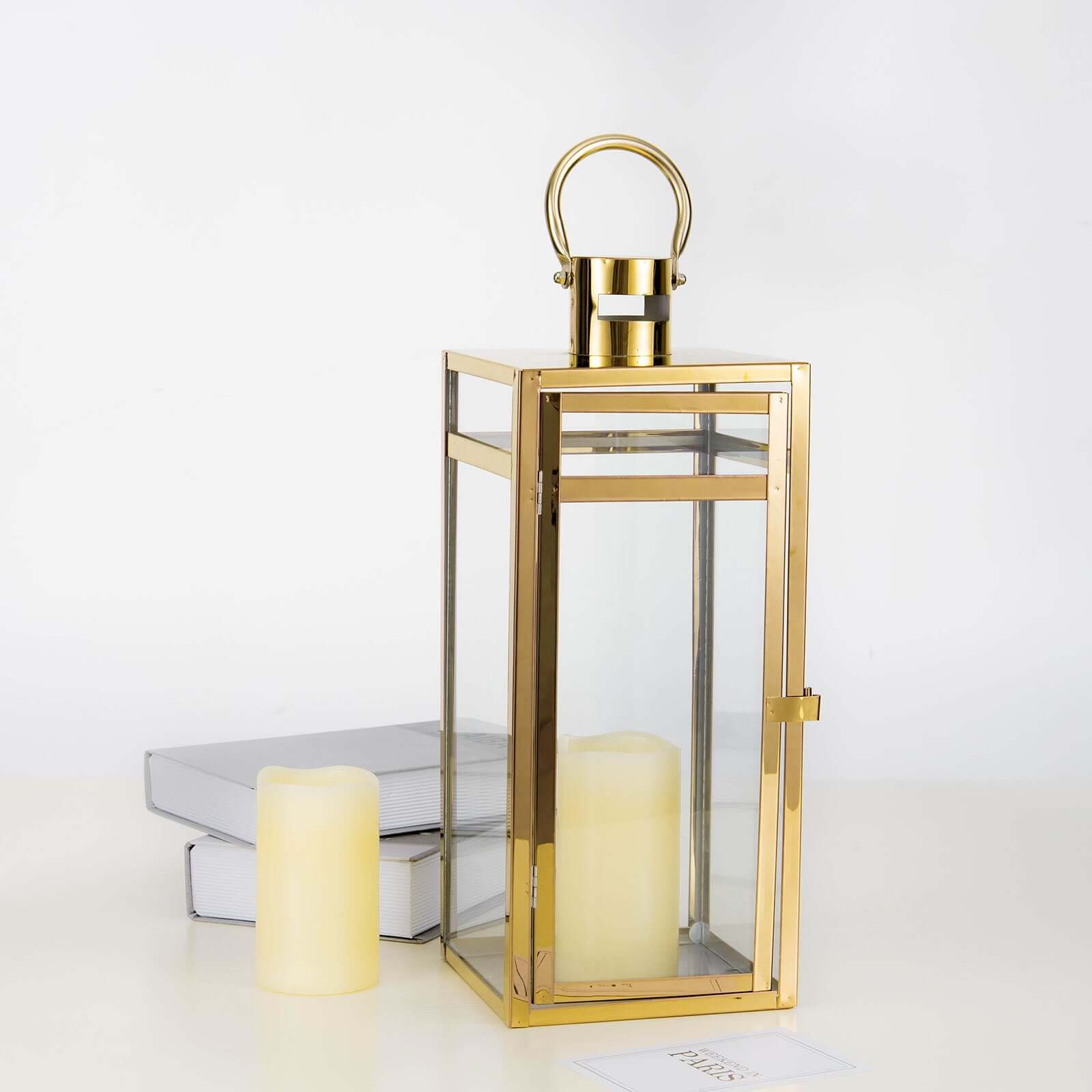 Stainless Steel Candle Lantern Vintage Top Design Gold - Outdoor Metal Patio Lantern Centerpiece 17"