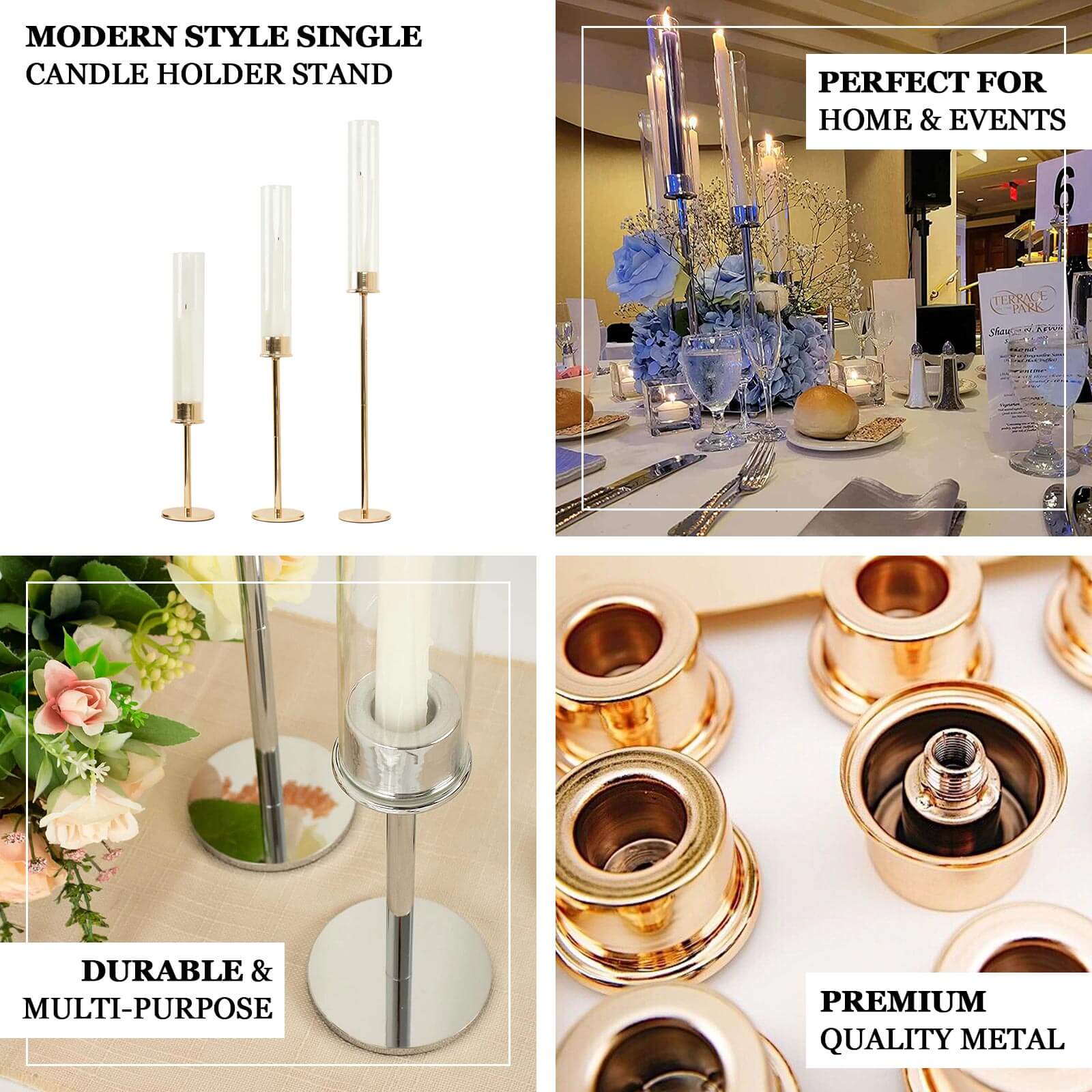 2-Pack Gold Metal Taper Candlestick Holders, Clear Glass Hurricane Candle Stands With Chimney Candle Shades 16"