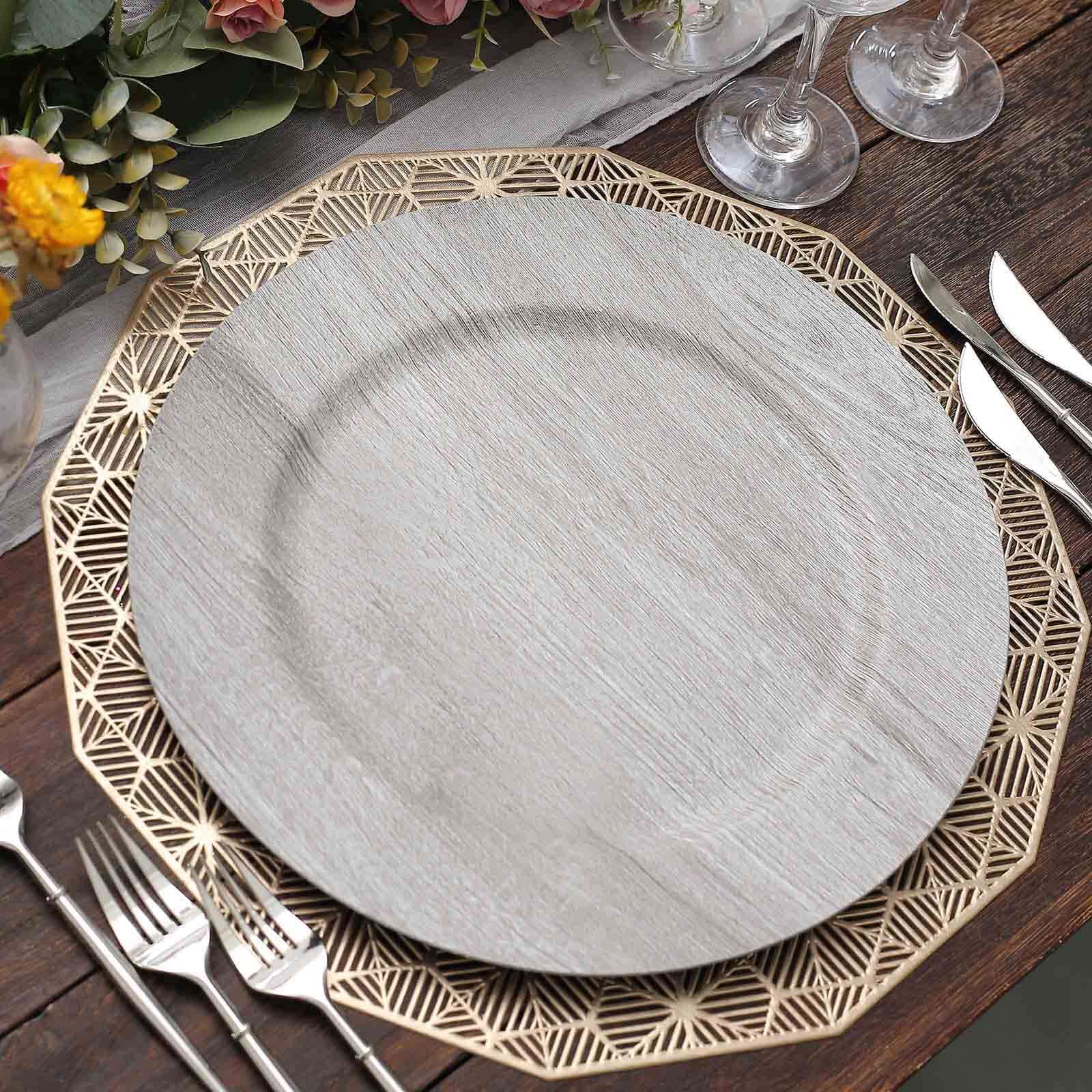 6-Pack Plastic Round Charger Plates 13" in Gray with Faux Wood Finish, Rustic Boho Chic Dinner Party Charger Tableware