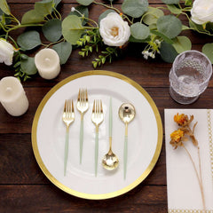 24-Pack Plastic Fork and Spoon Set Metallic Gold/Sage Green - Heavy Duty Disposable Modern Utensils 6"