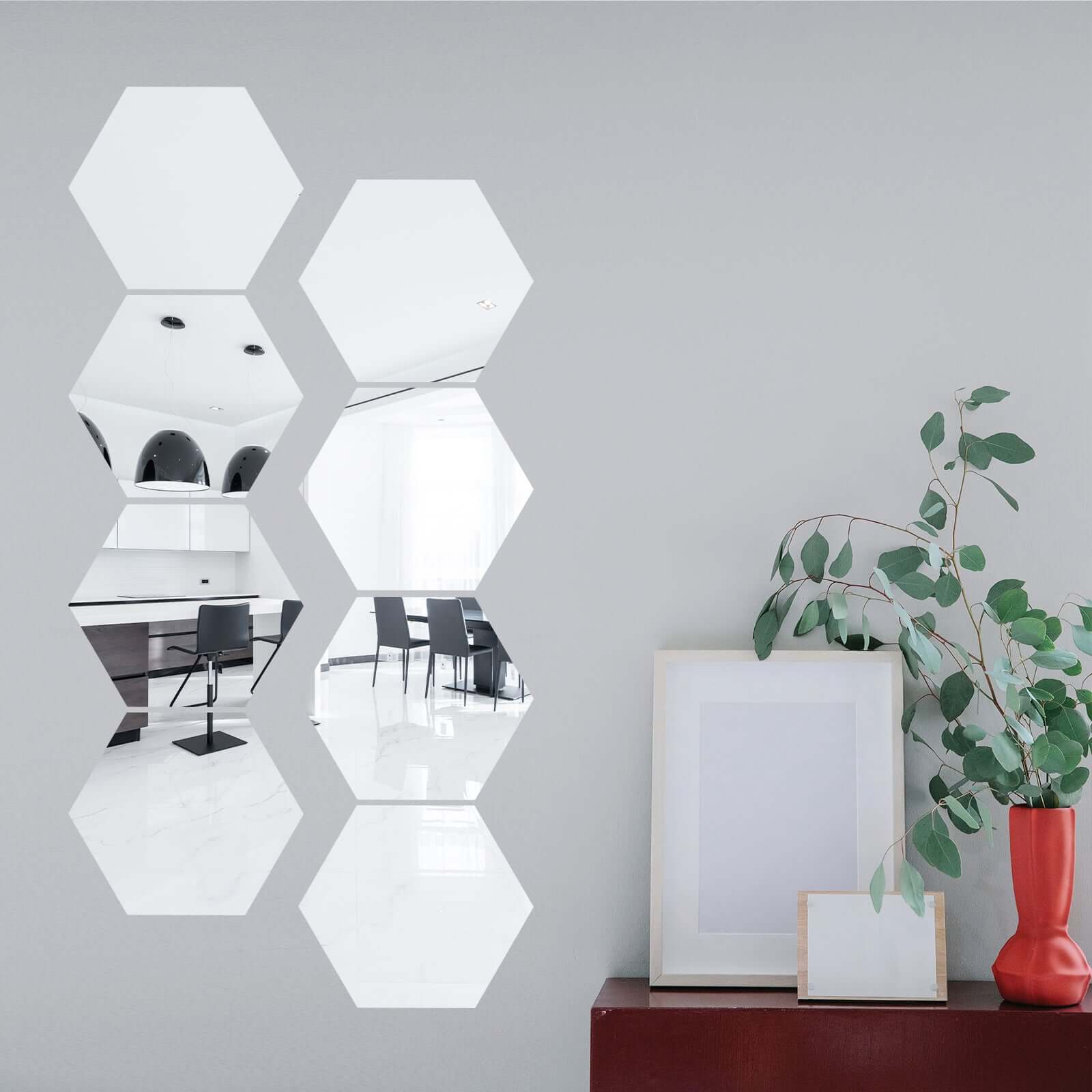 12 Pack Hexagon Acrylic Mirror Wall Stickers, 10" Removable Wall Decals For Home Decor