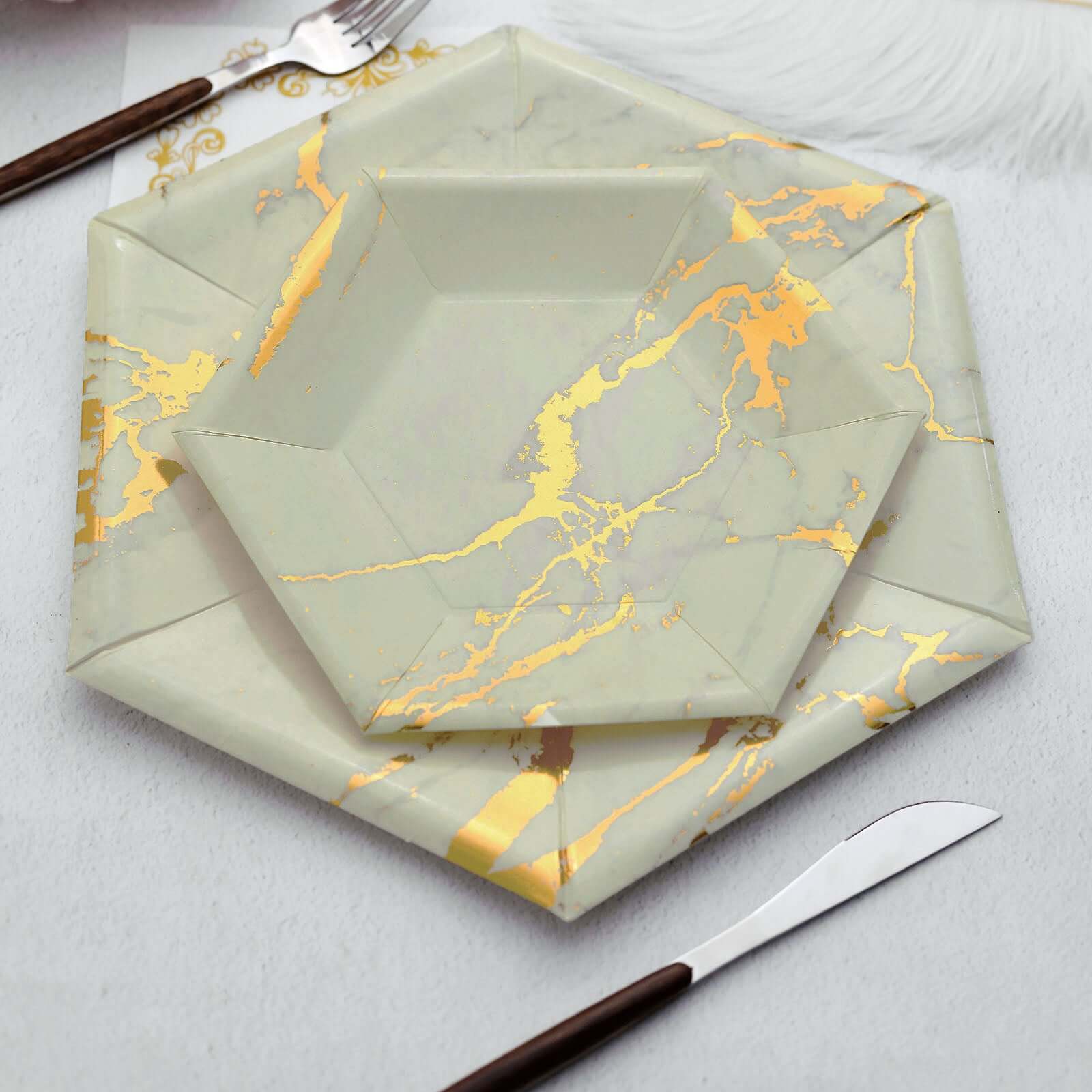 25 Pack Ivory Marble 12" Serving Dinner Paper Plates, Disposable Hexagon Geometric Shaped Plates With Gold Foil Marble Design - 400 GSM