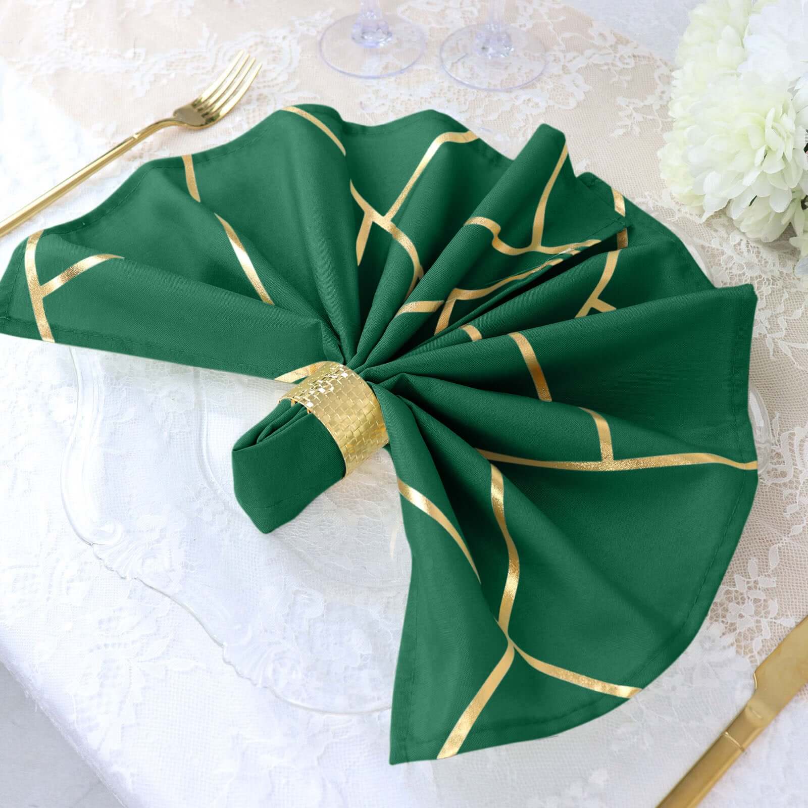 5 Pack Polyester 20"x20" Napkins Hunter Emerald Green with Gold Geometric Foil Pattern - Modern Reusable Dinner Napkins
