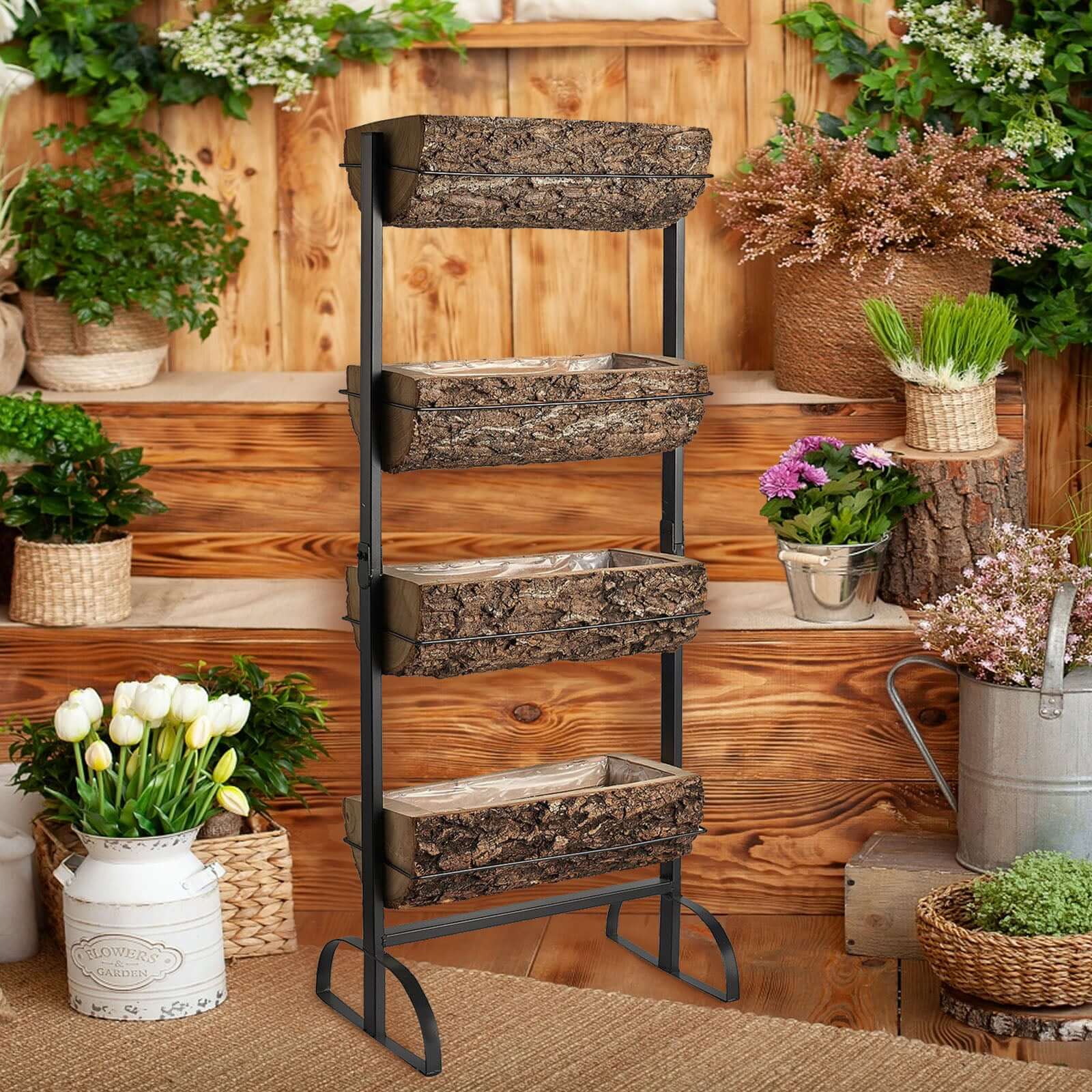 42" 4-Tier Metal Ladder Plant Stand With Natural Wooden Log Planters