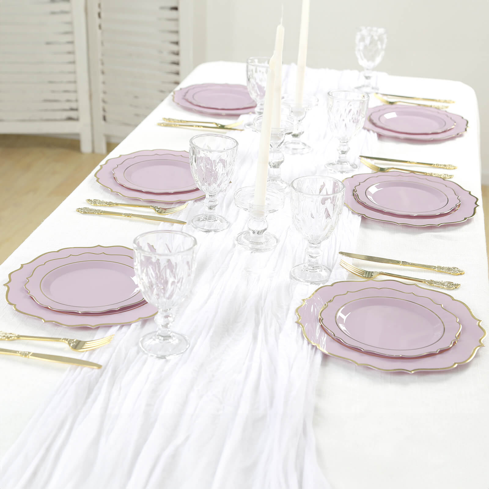 10-Pack Plastic 8" Round Desert Plates in Lavender Lilac with Gold Scalloped Rim - Disposable Appetizer/Salad Plates
