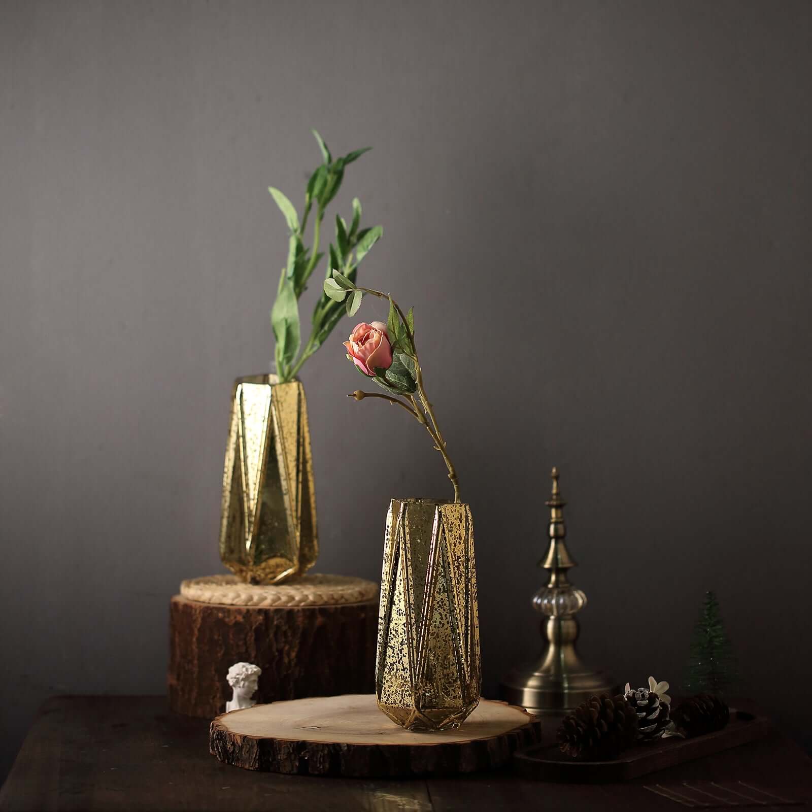 2-Pack Mercury Glass Vases Geometric Design Gold - Stylish Wedding Floral Centerpieces 8"