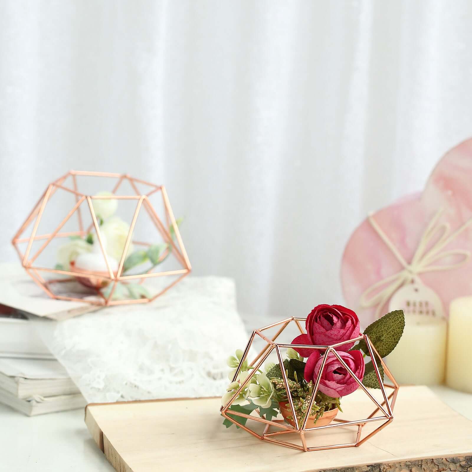 Set of 2 Candle Holders Metal Hexagon Geometric Design Rose Gold - Modern Decorative Centerpieces for Tables 4"x3"