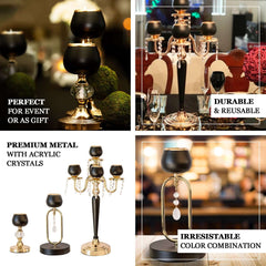 Set of 2 Metal Crystal Lamp Candle Holders Gold/Black - Sophisticated Votive Tealight Stands 7", 11"