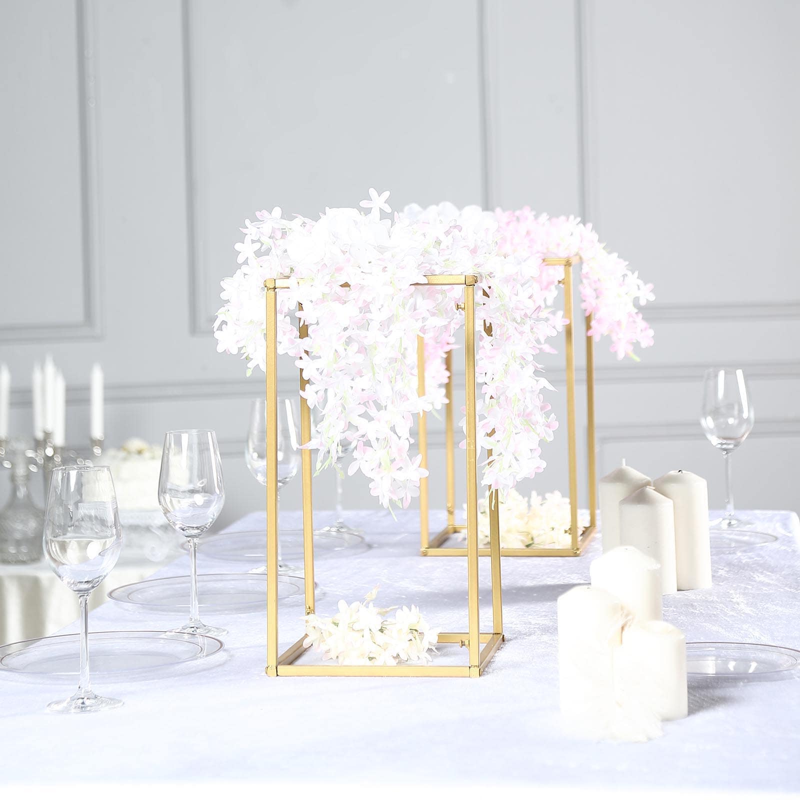 2-Pack Wedding Flower Stand Gold Metal Geometric Column Frame Rectangular - Versatile Floral Pedestal for Sophisticated Arrangements 16"