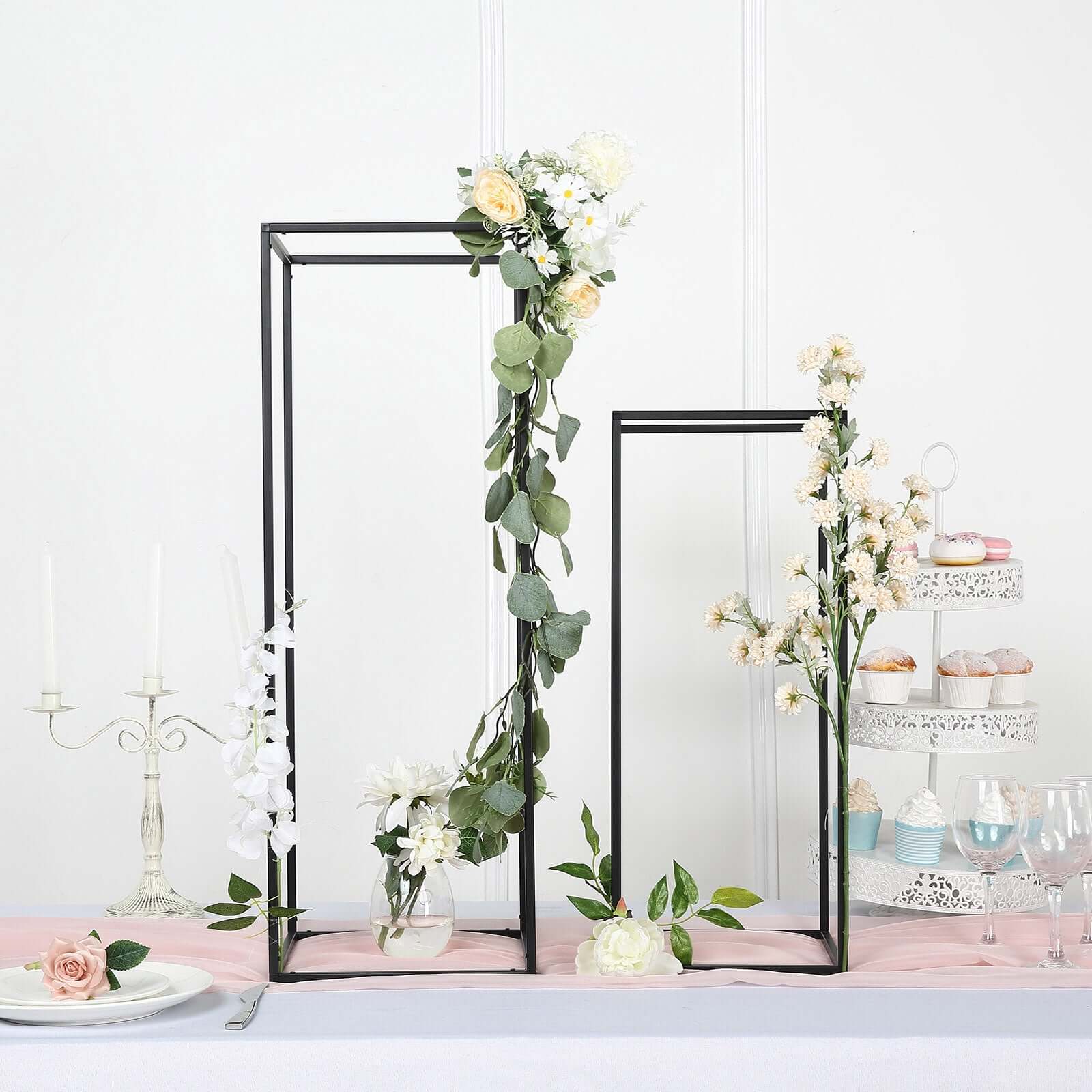 2-Pack Wedding Flower Stand Black Metal Geometric Column Frame Rectangular - Versatile Floral Pedestal for Sophisticated Arrangements 32"