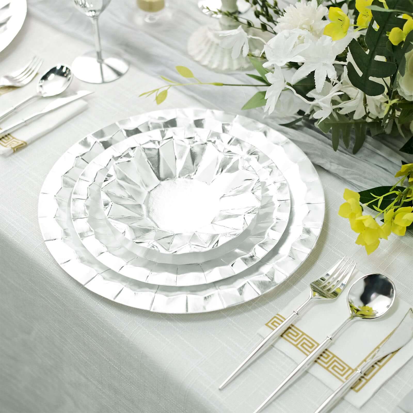 25-Pack Paper 12" Round Charger Plates in Metallic Silver with Geometric Prism Design - Disposable 400GSM Serving Trays