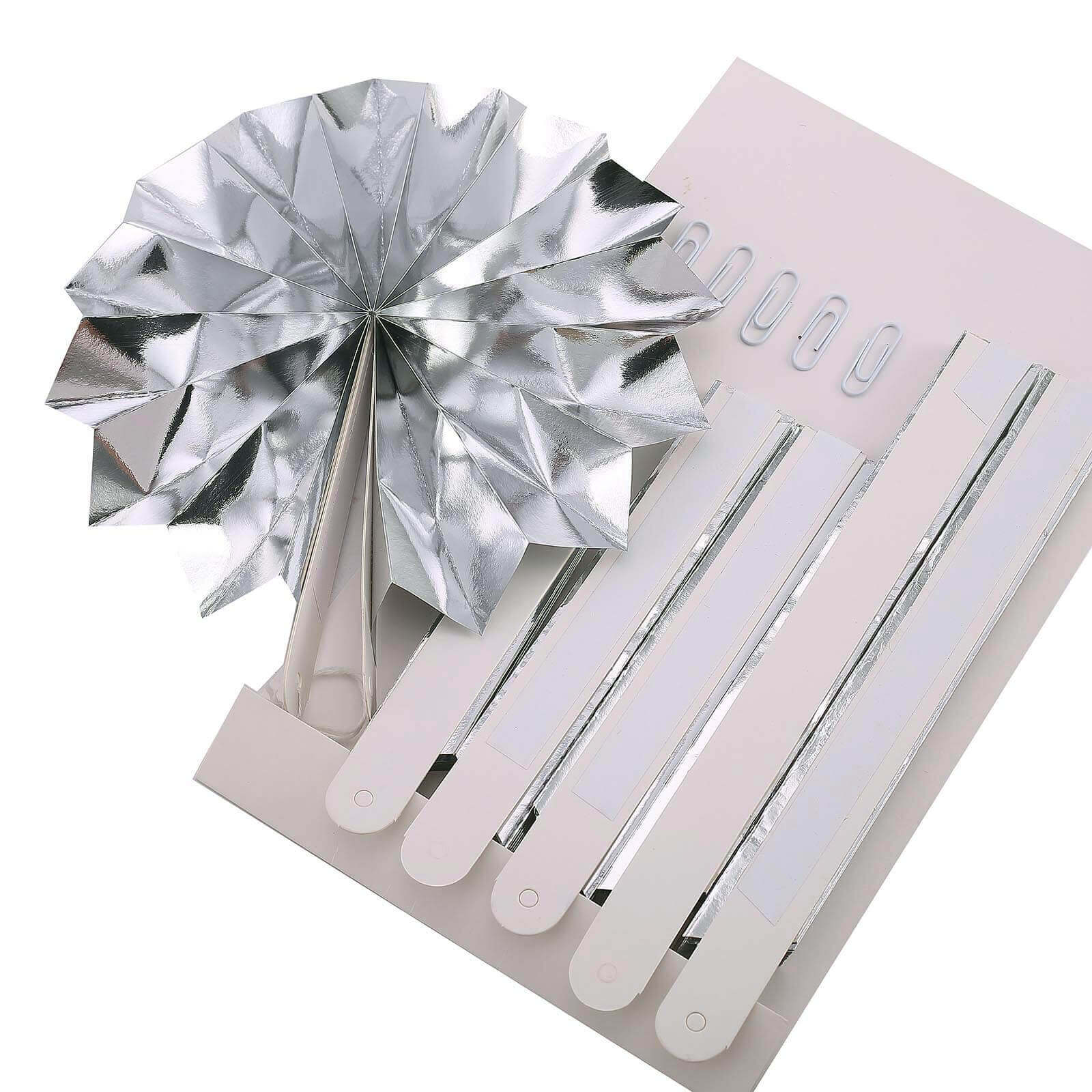 Set of 6 Metallic Silver Hanging Paper Fan Decorations, Pinwheel Wall Backdrop Party Kit - 8", 12", 16"
