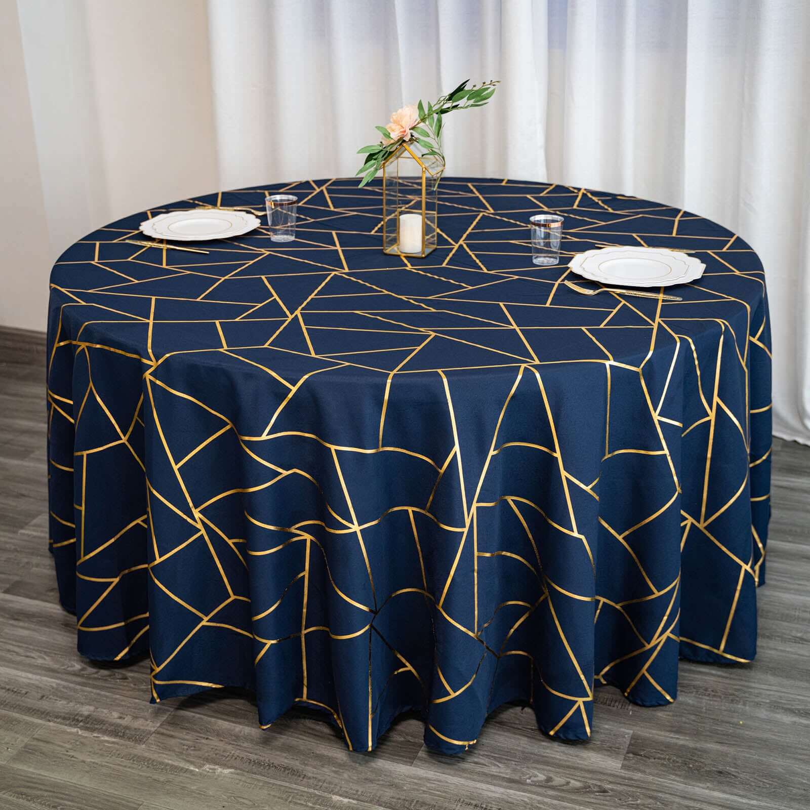 Polyester 120" Round Tablecloth Navy with Gold Foil Geometric Pattern Wrinkle-Resistant Seamless Table Cover