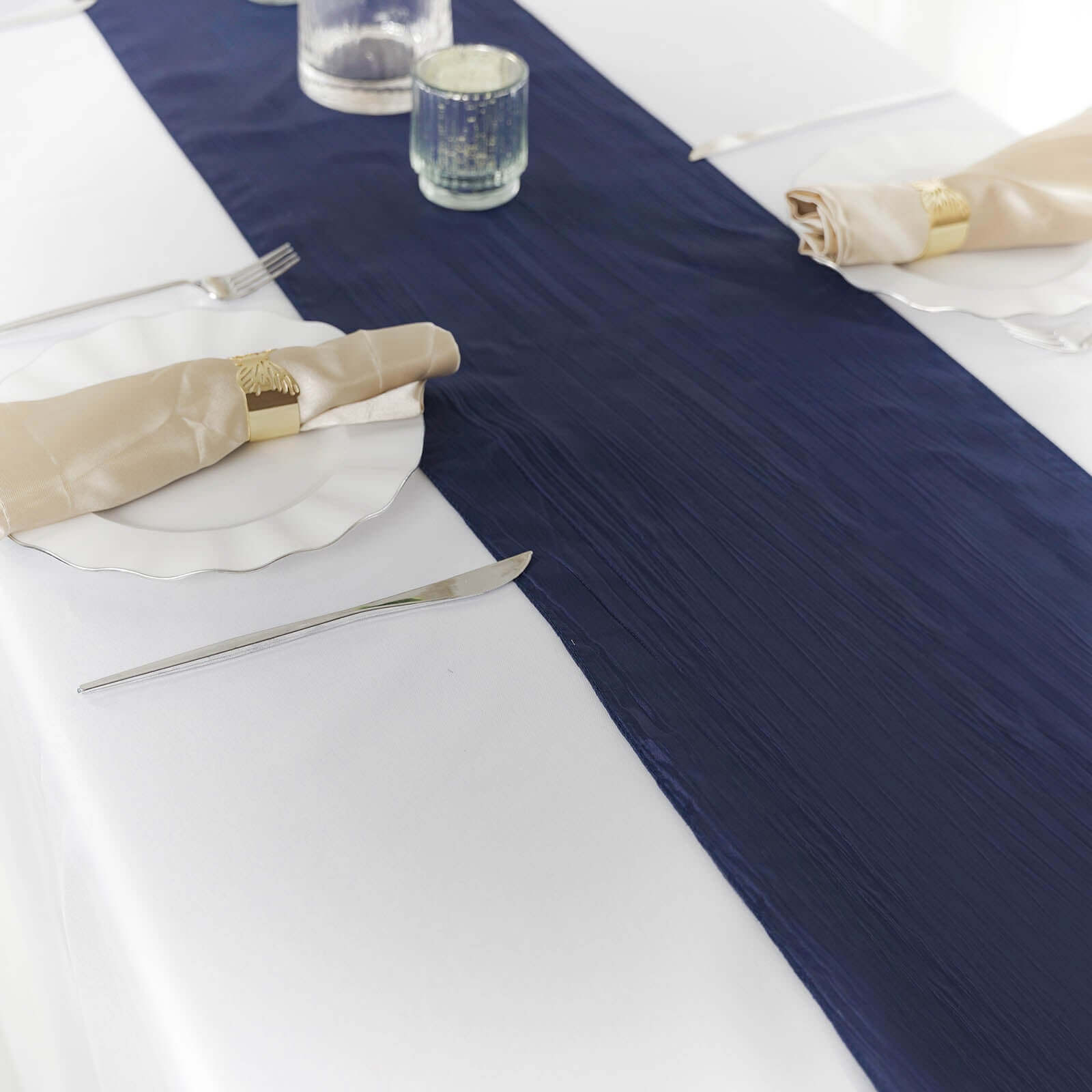 Taffeta 12"x108" Table Runner Navy Blue - Accordion Crinkle Design