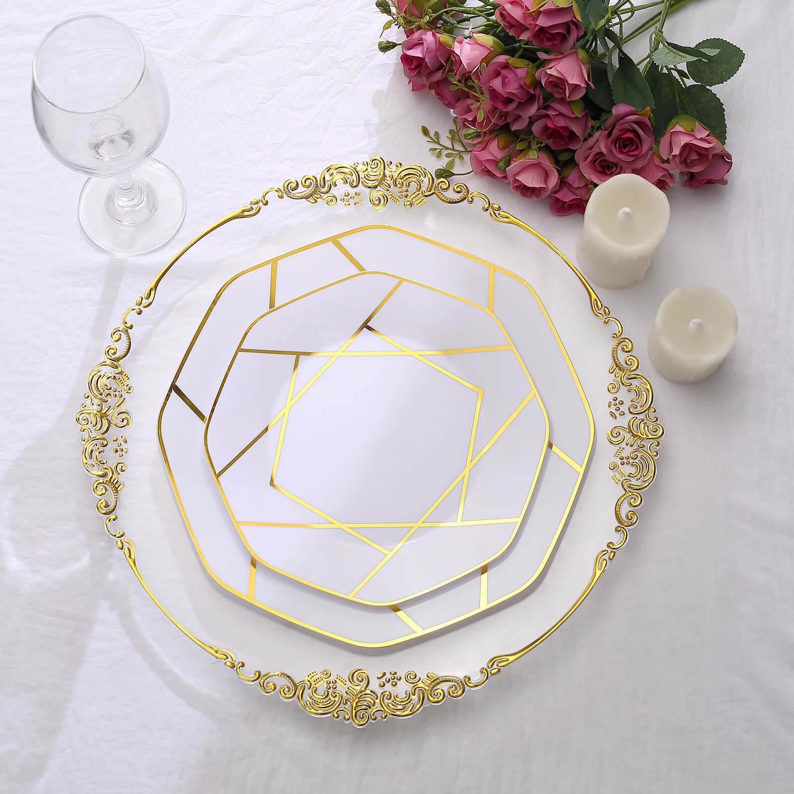 10-Pack Plastic 8" Octagon Dessert Plates in White - Modern Disposable Salad/Appetizer Plates with Gold Geometric Design for Special Occasions & Celebrations