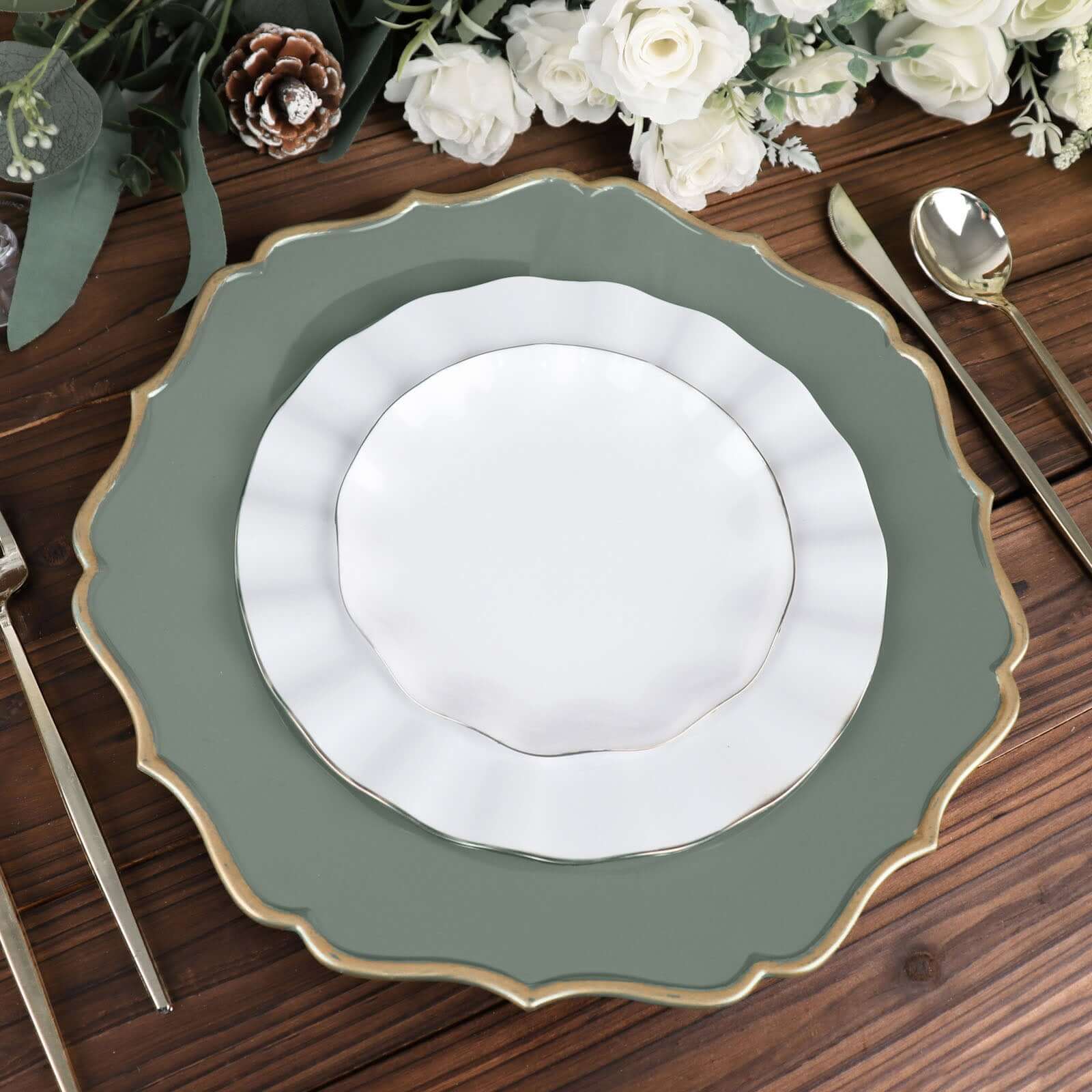 6-Pack Acrylic Round Charger Plates 13" in Olive Green with Gold Scalloped Rim, Decorative Dinner Party Plastic Charger Tableware