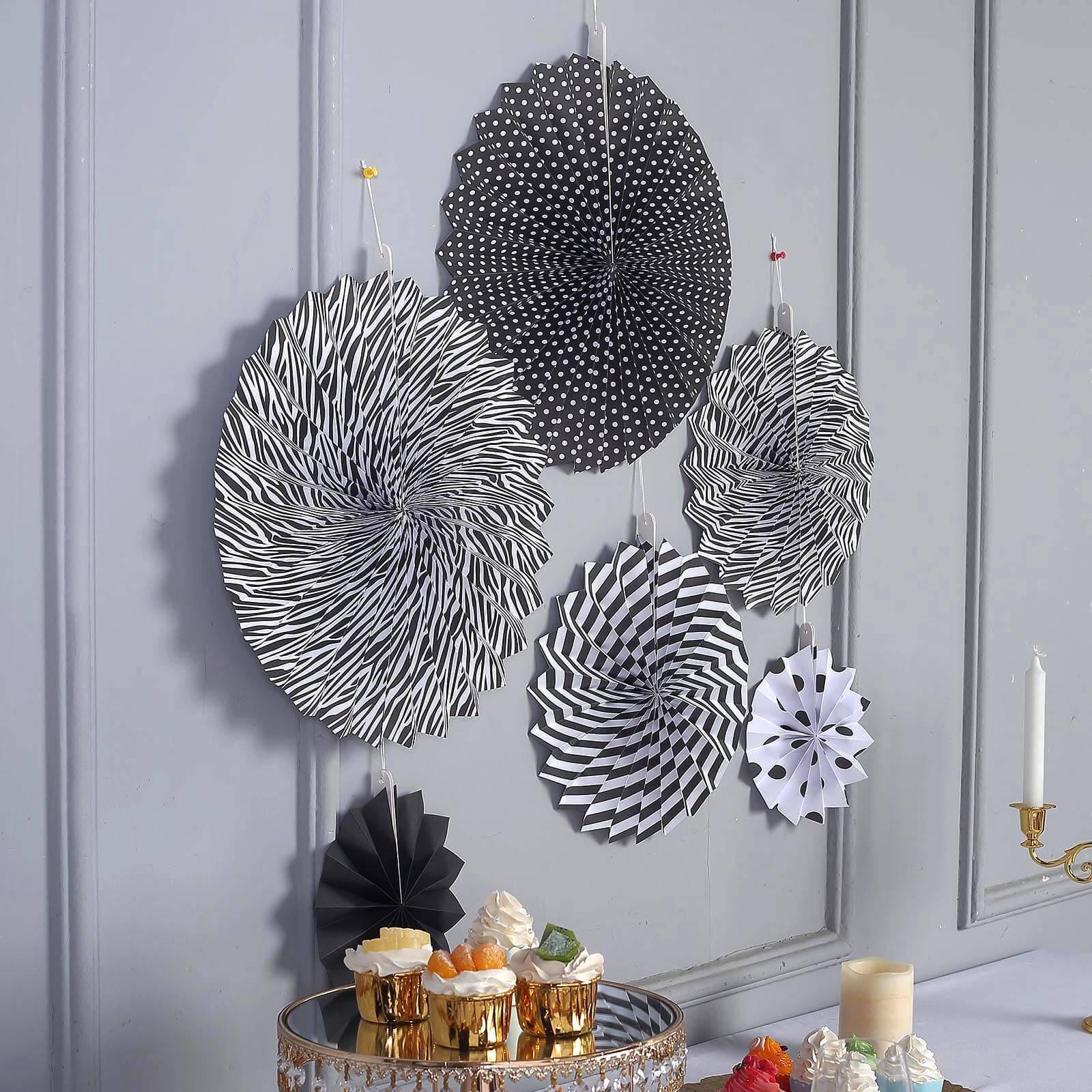Set of 6 Black White Hanging Paper Fan Decorations, Pinwheel Wall Backdrop Party Kit - 8", 12", 16"