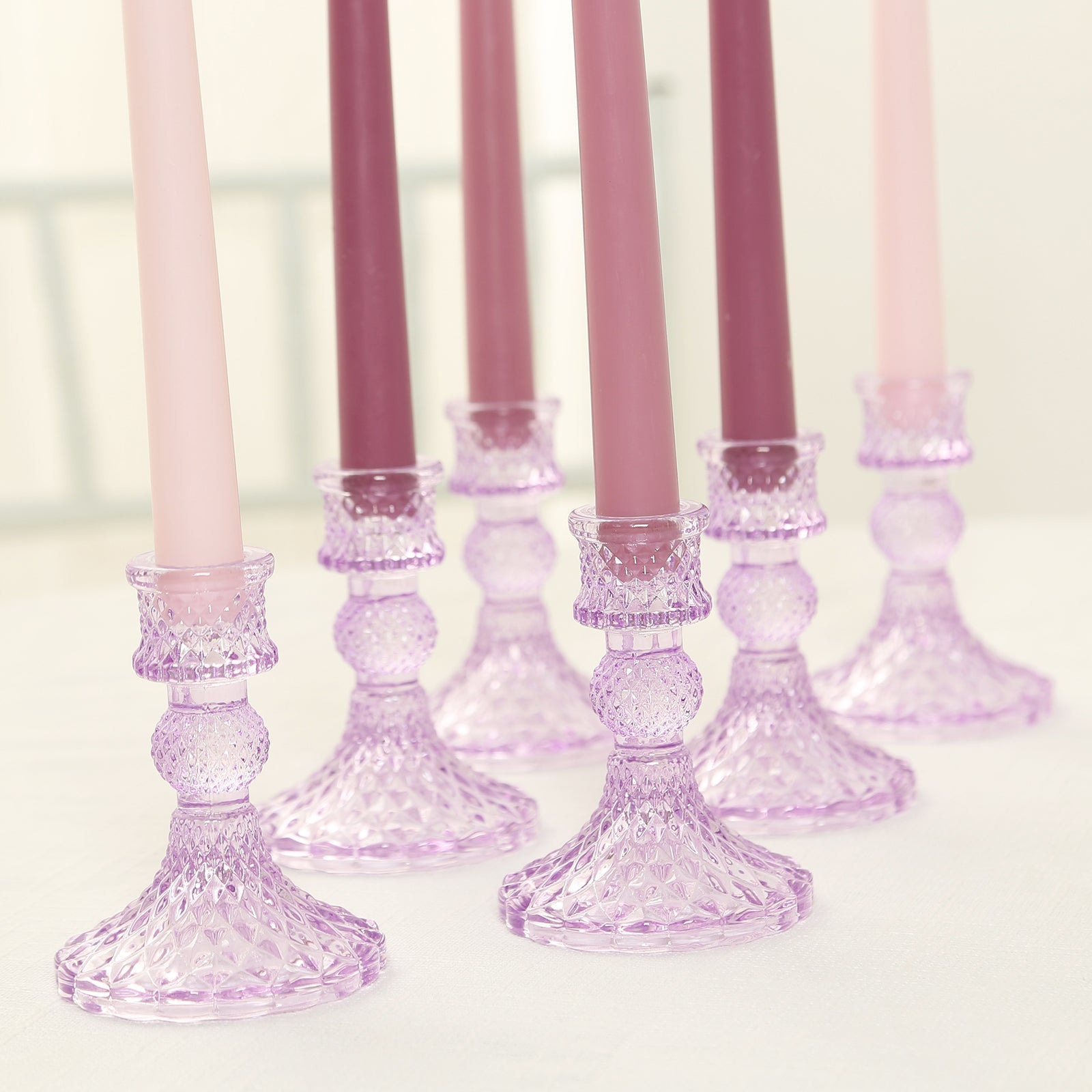 6-Pack Glass Taper Candlestick Holders Diamond Pattern Design Lavender Lilac - Reversible Crystal Pillar Votive Stands 4"