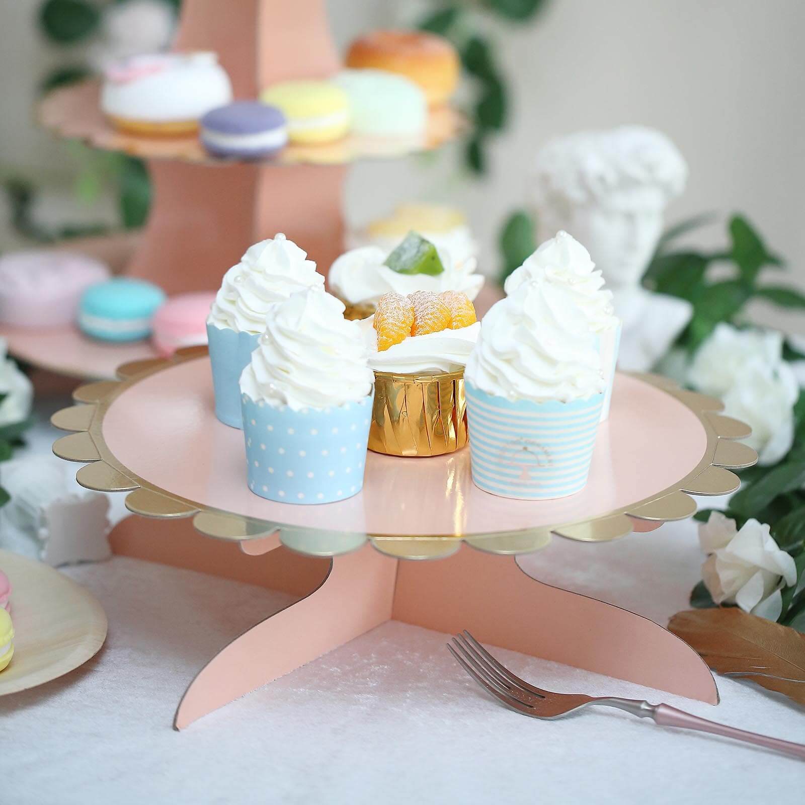 1-Tier Cardboard Cake Stand Blush - Stylish Reusable Cupcake Dessert Holder with Gold Scalloped Rim for Baby Showers Birthdays & Events 13"