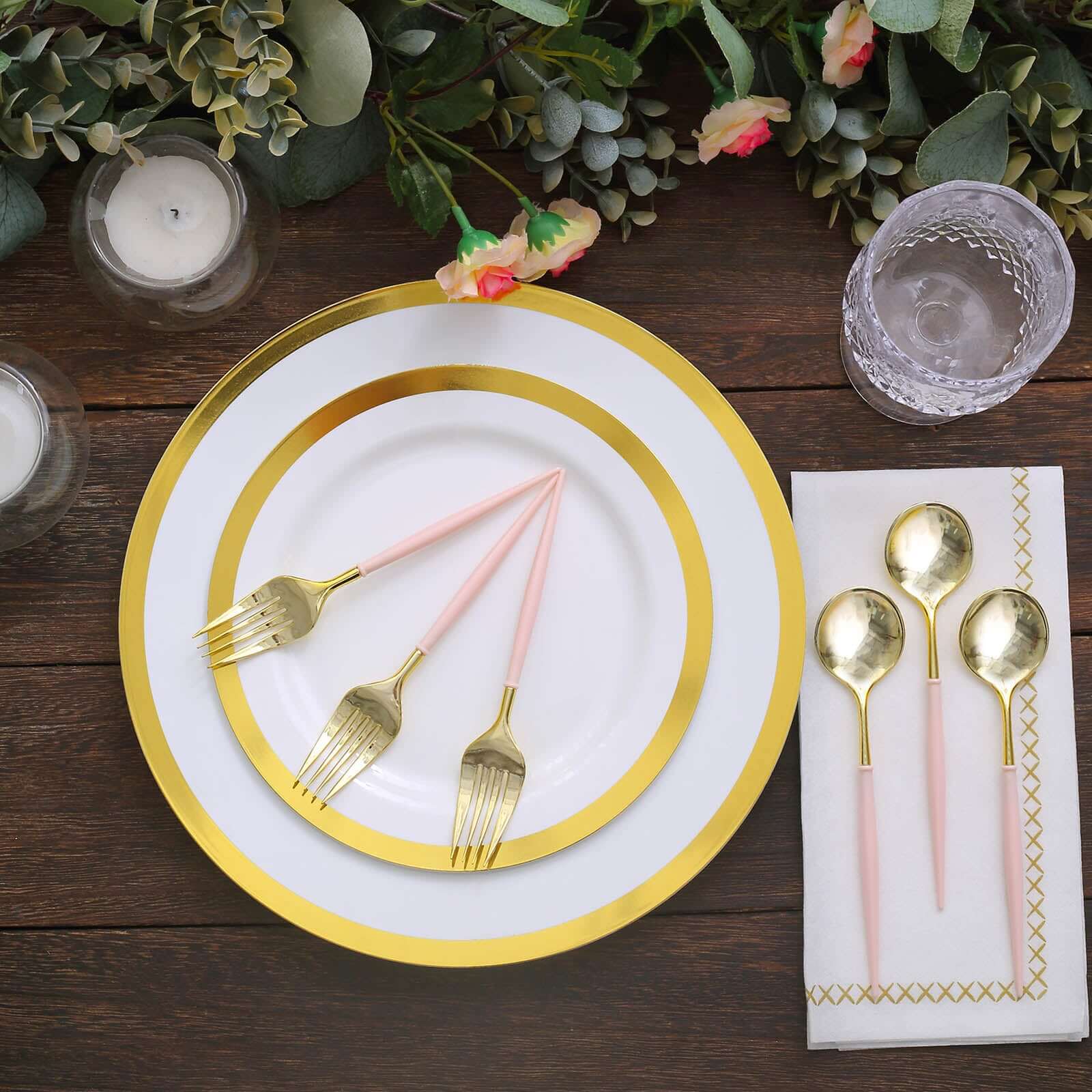 24-Pack Plastic Fork and Spoon Set Gold/Rose Gold - Heavy Duty Disposable Modern Utensils 6"