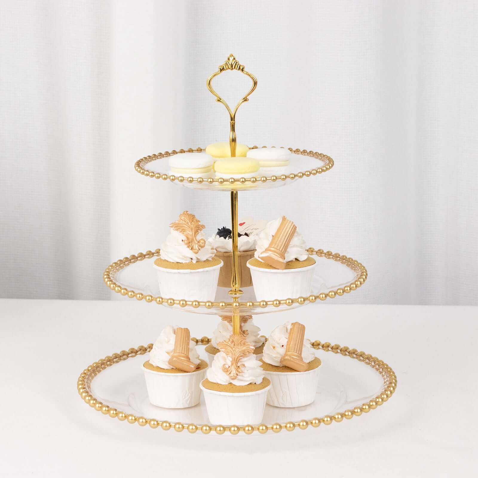 3-Tier Plastic Round Cupcake Tower Stand Clear - Versatile Dessert Display Tea Party Serving Platter with Gold Beaded Rim & Top Handle 14"