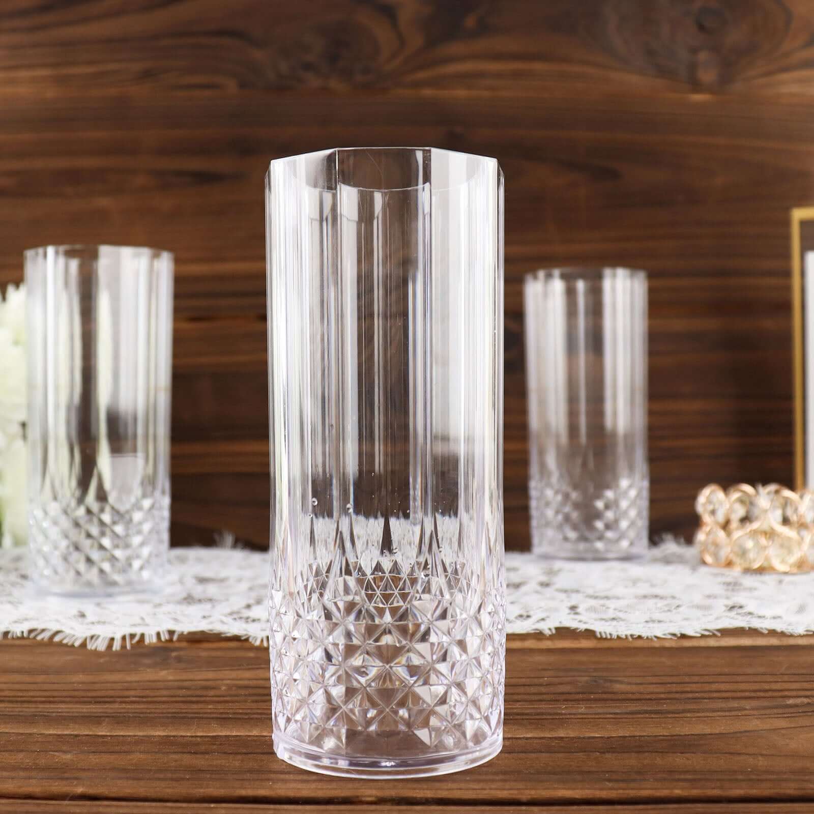 6-Pack Plastic Cocktail Tumblers Clear Transparent Crystal Cut Style - Shatterproof Highball Glasses 14oz
