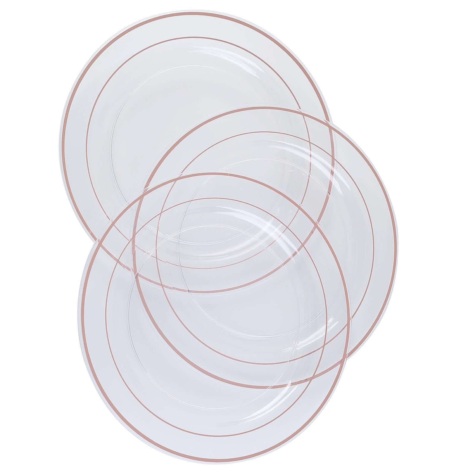 10-Pack Plastic Dinner Plates Clear with Très Chic Rose Gold Rim - Perfect Disposable Party Plates 10"