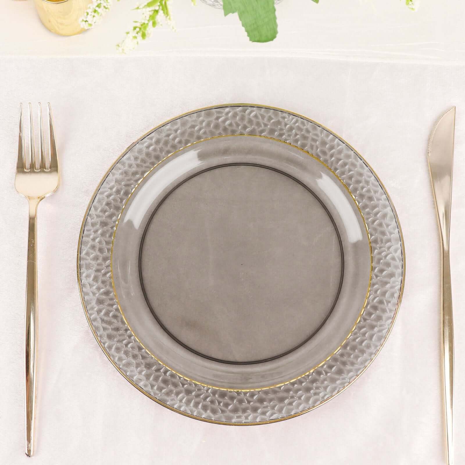 10-Pack Plastic 7.5" Round Appetizer Plates in Opaque Black Hammered Design with Gold Rim - Disposable Salad Plates for Chic Banquets & Special Occasions