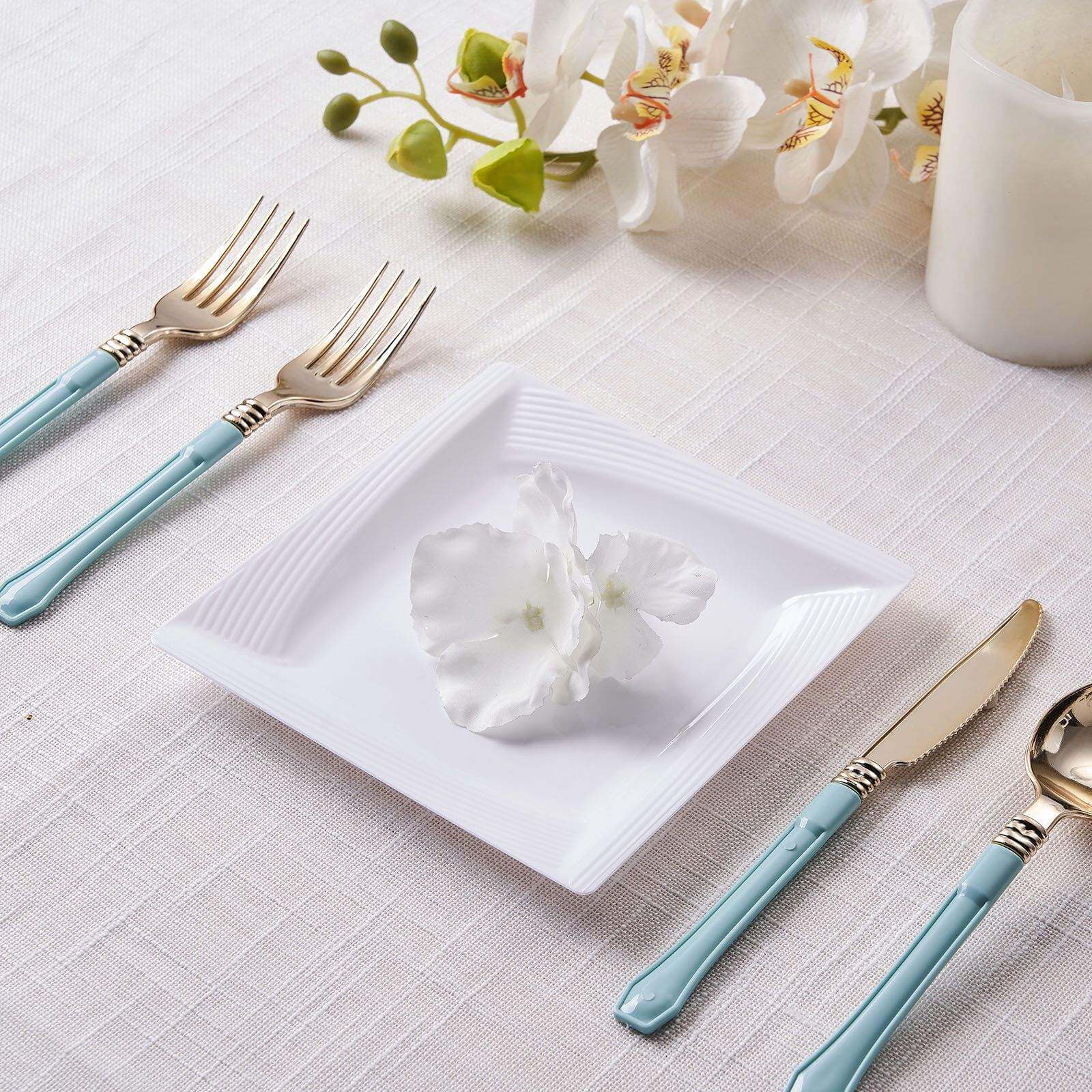 10-Pack Plastic 6" Square Dessert Plates in White with Geometric Ridge Trim - Disposable Appetizer Salad Plates for Stylish Gatherings & Celebrations