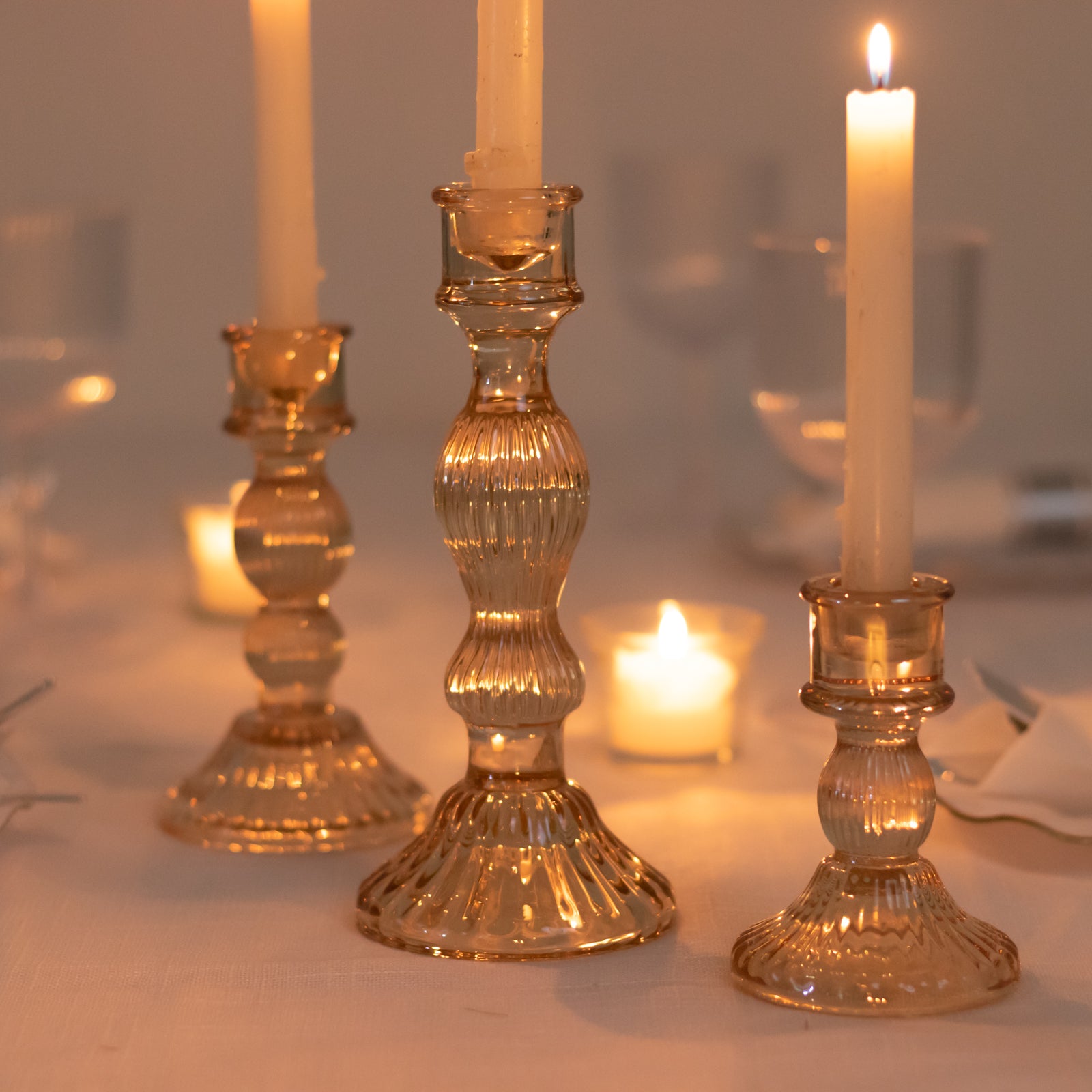 Set of 3 Amber Gold Ribbed Glass Taper Candlestick Holders, Fluted Crystal Candle Stands - 4", 6", 8"
